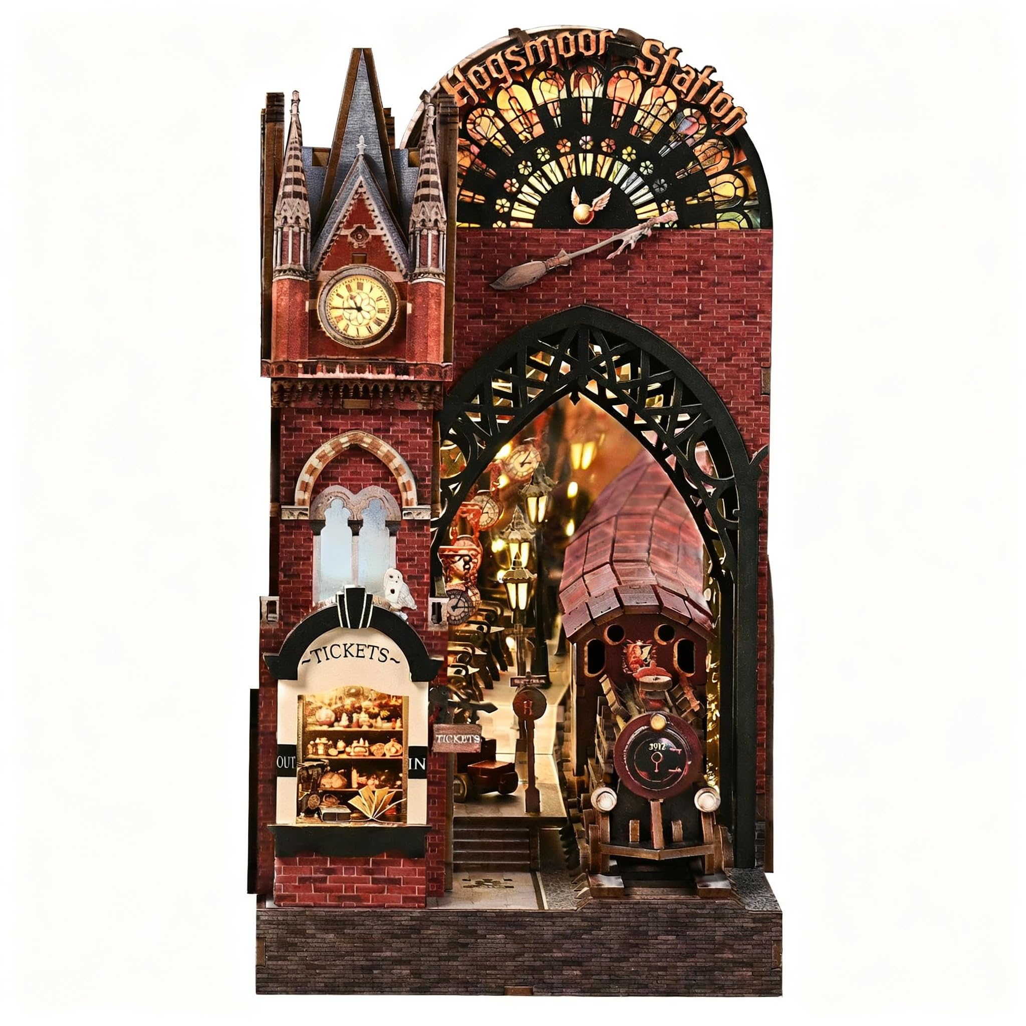 Hogsmoor Station DIY Book Nook Kit – 3D Wooden Miniature with Touch LED Light & Layered Depth & Deep View Design, Movable Train, Vintage British Railway Scene for Book Lovers & Collectors
