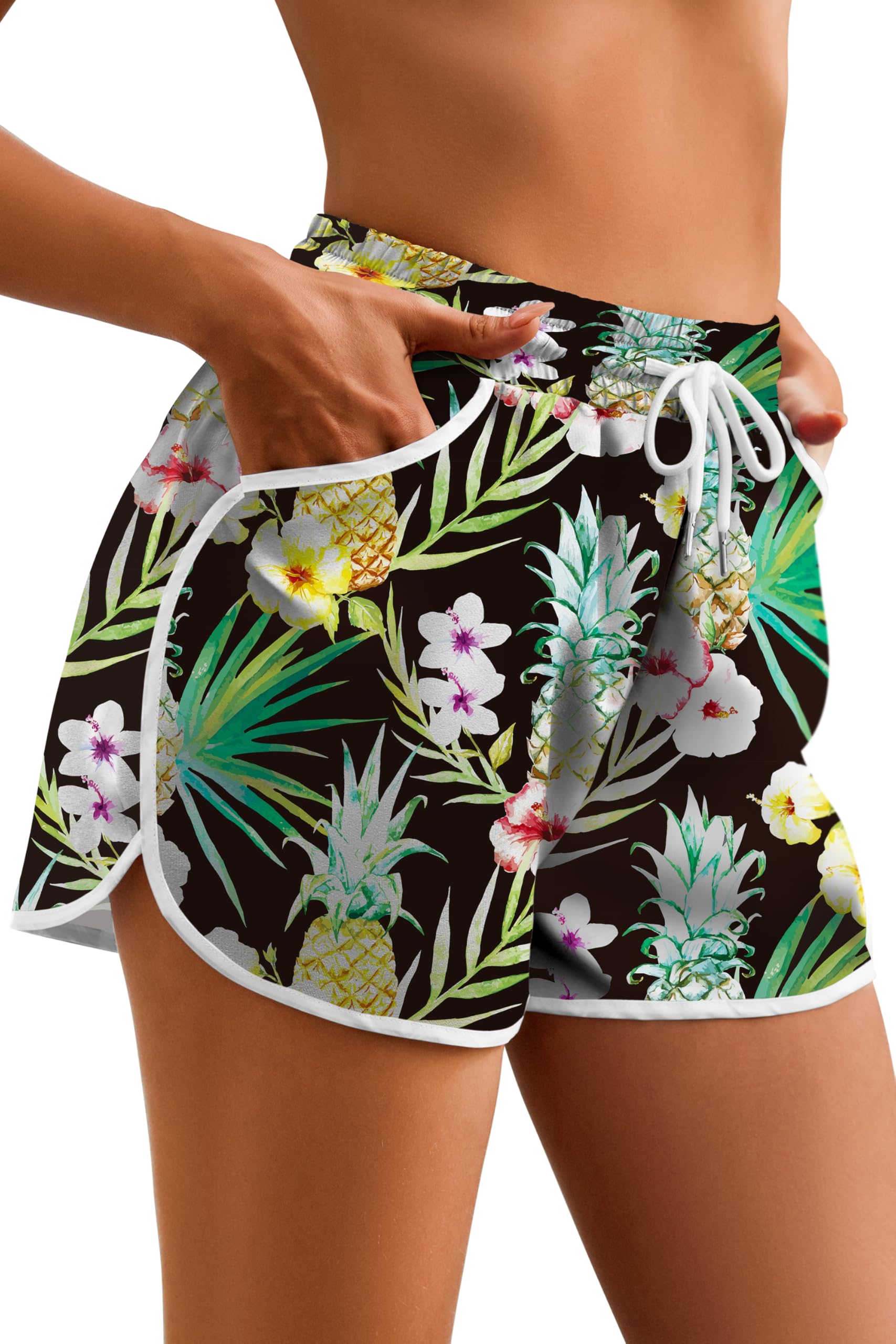 NILOINE Women's Drawstring Board Shorts Floral Beach Swimming Shorts Summer Sports Swim Trunks Swimsuit Bottoms with Pockets