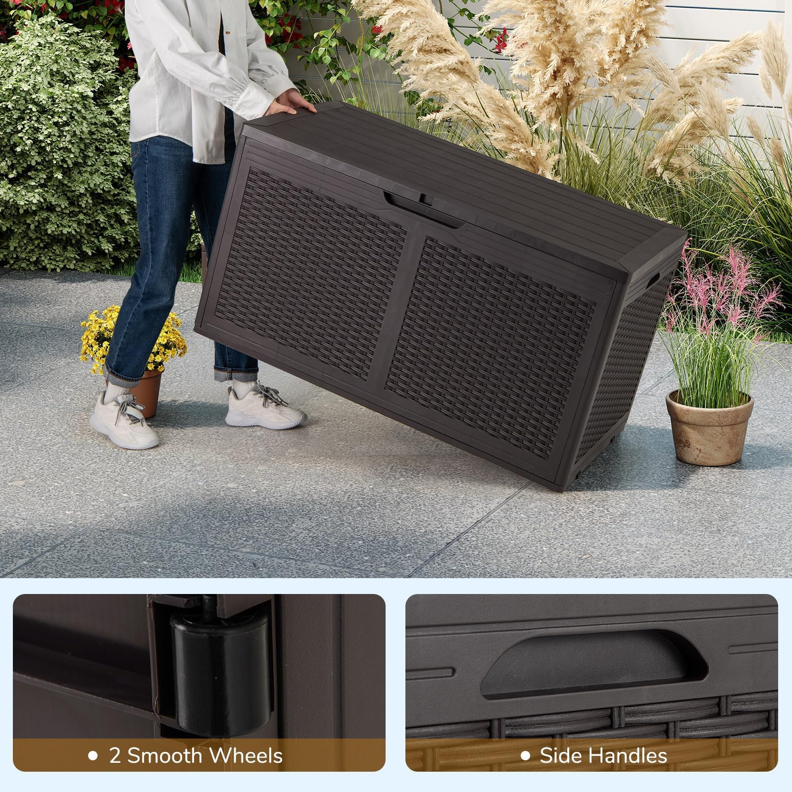 RELAX4LIFE Cassapanca da Esterno 380L, Contenitore da Patio Chiudibile a Chiave con 2 Ruote, Superficie in Finto Rattan, in Resina Impermeabile per Cuscini, Attrezzi (MARRONE)