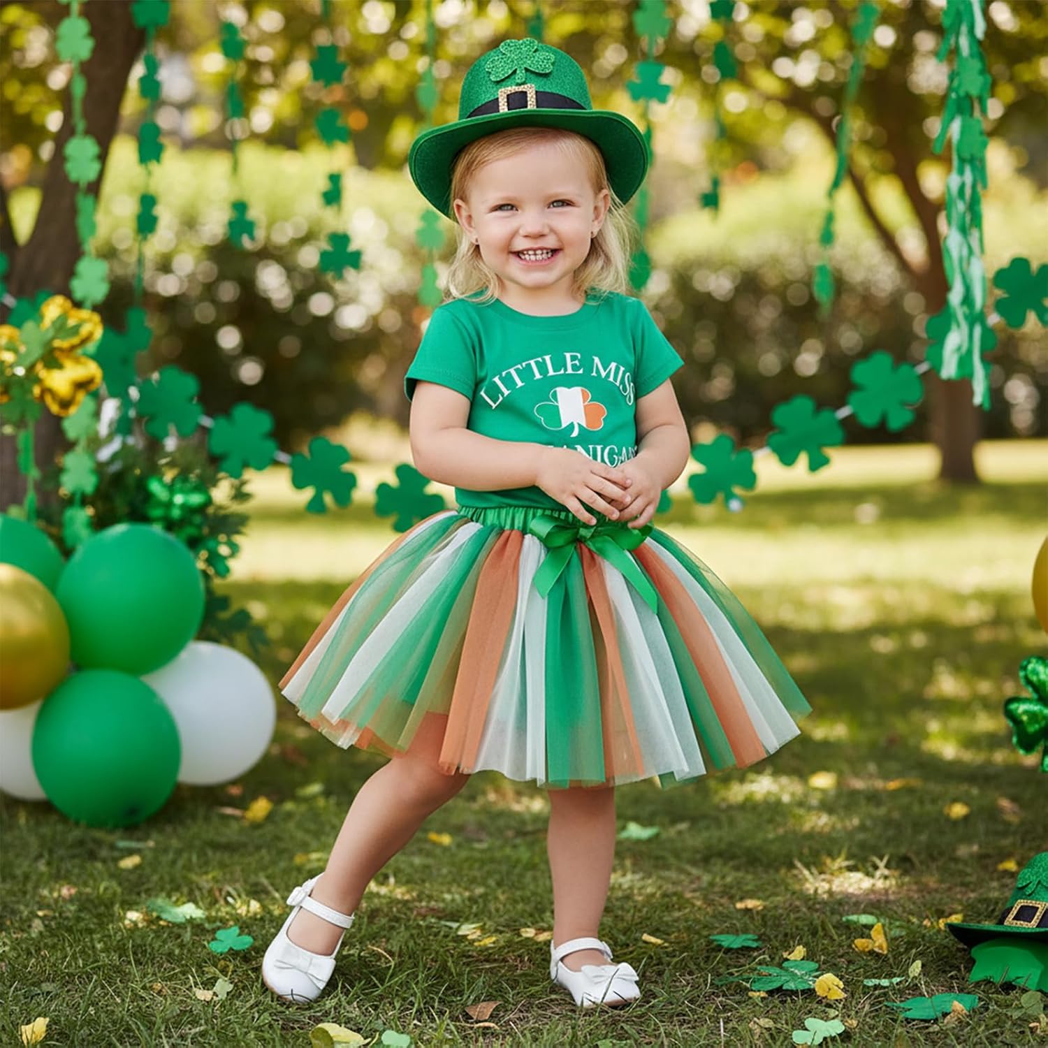 Toddler Baby Girl St Patricks Day Outfit Short Sleeve Clover Letter Print Shirt and Tulle Skirt Set Irish Clothes