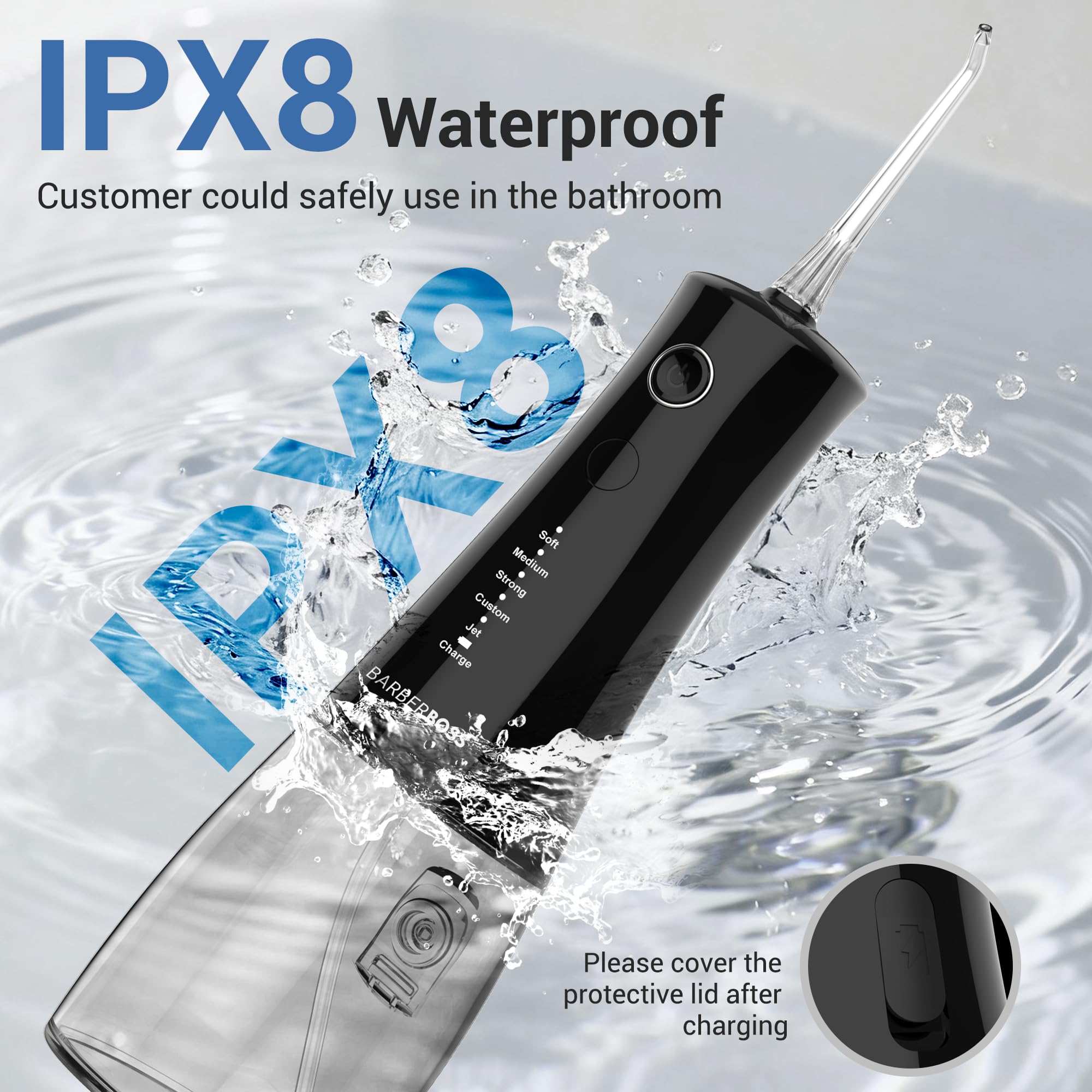 BarberBoss Hydropulseur sans fil, irrigateur buccal avec 4 embouts de jet et 5 modes de pression, nettoyeur professionnel pour dents et gencives, réservoir d'eau de 340 ml et étanchéité IPX8, QR-7105