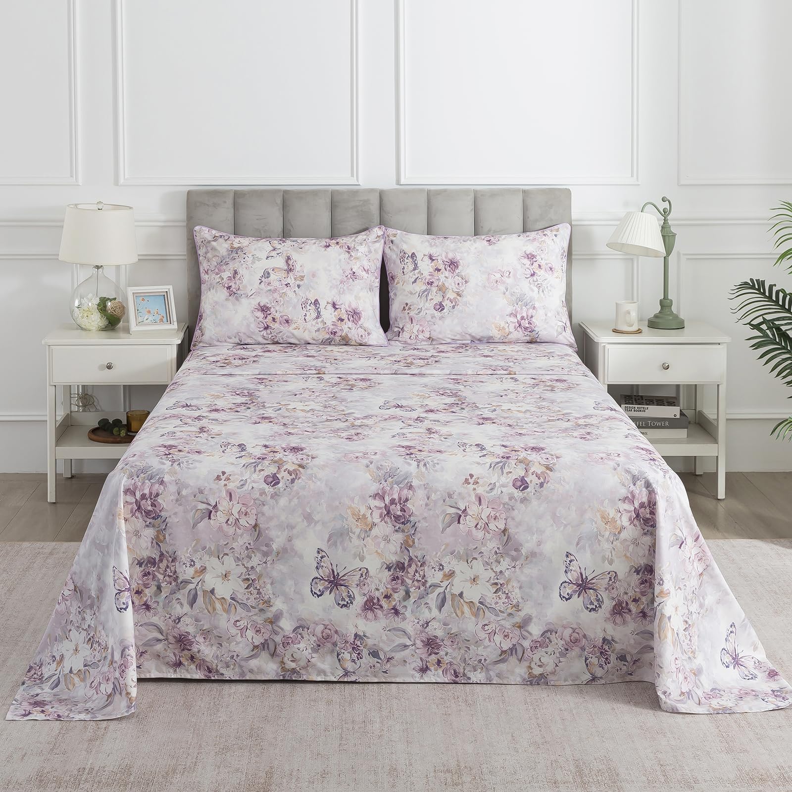 Vintage Purple Floral Percale Sheets King Size, 100% Cotton Butterfly Patterned Deep Pocket Toile Sheet Set, Soft Aesthetic Flower Bed Sheets, Shabby Chic Luxury Cottage Core Bedding, 4Pcs