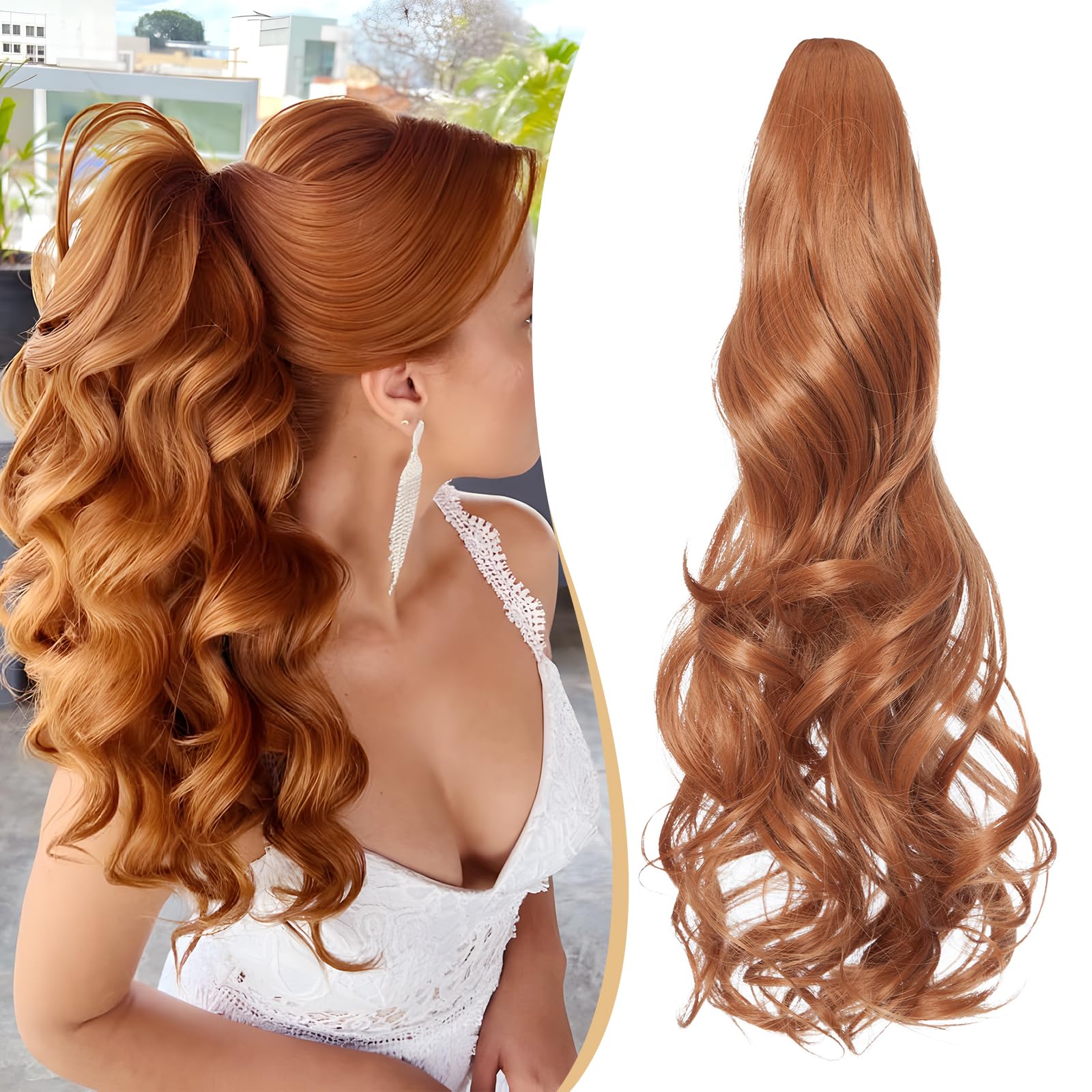 Benehair Claw Clip in Ponytail Hair Extensions 18 Inches Long Curly Wavy Ponytail Extensions Synthetic Ponytail Middle Brown Hair Pieces for Women(Middle Brown