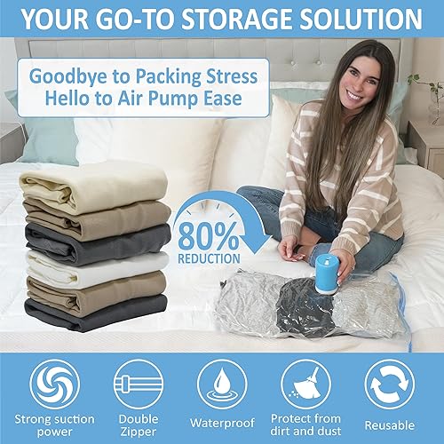 Miniatura 2 de Paquete de 12 bolsas de almacenamiento al vacío de viaje con bomba eléctrica inalámbrica recargable para equipaje, maleta, tamaño de mano, sellado