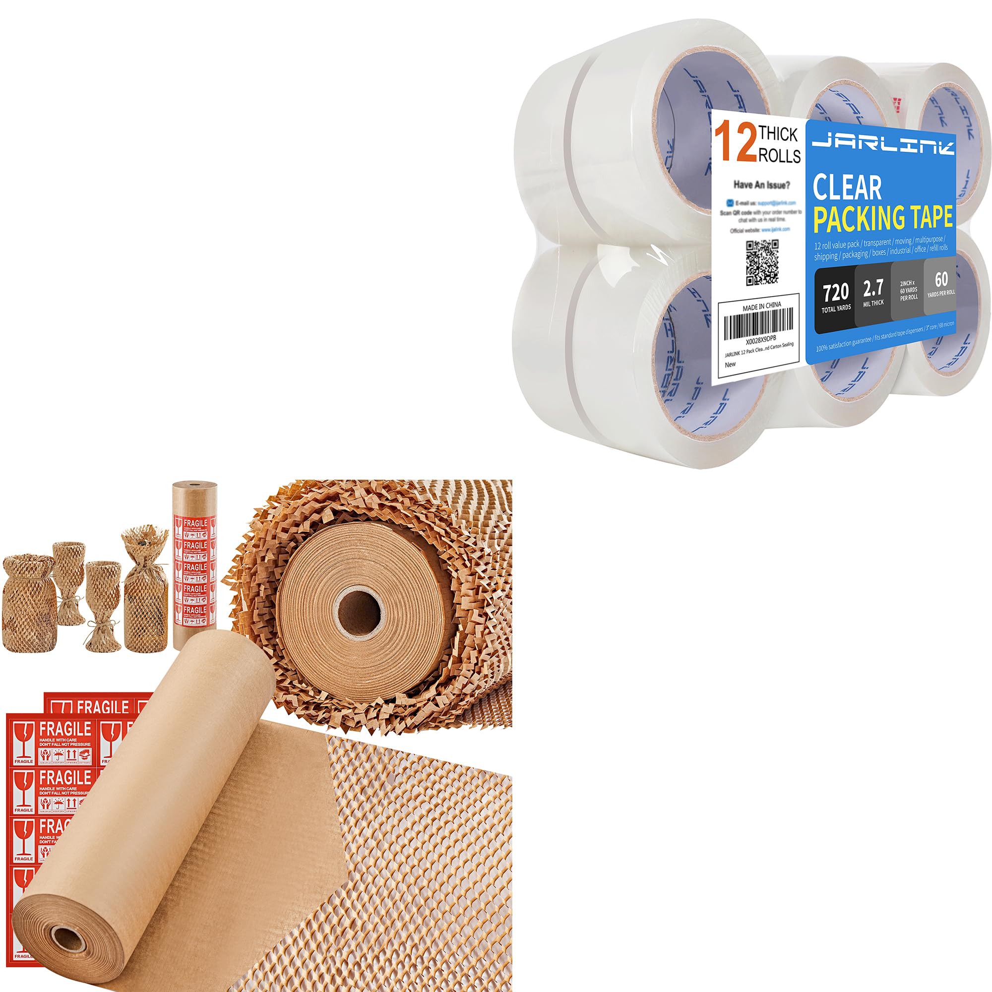 JARLINK Clear Packing Tape (12 Rolls), Heavy Duty Packaging Tape and Honeycomb Packing Paper, 15"x 213' Bubble Packing Wrap for Packing/Shipping/Moving
