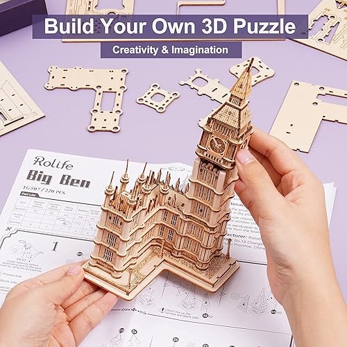 Miniatura 7 de Rolife Kit de modelo de rompecabezas de madera 3D para adultos para construir (aeronave y Big Ben)