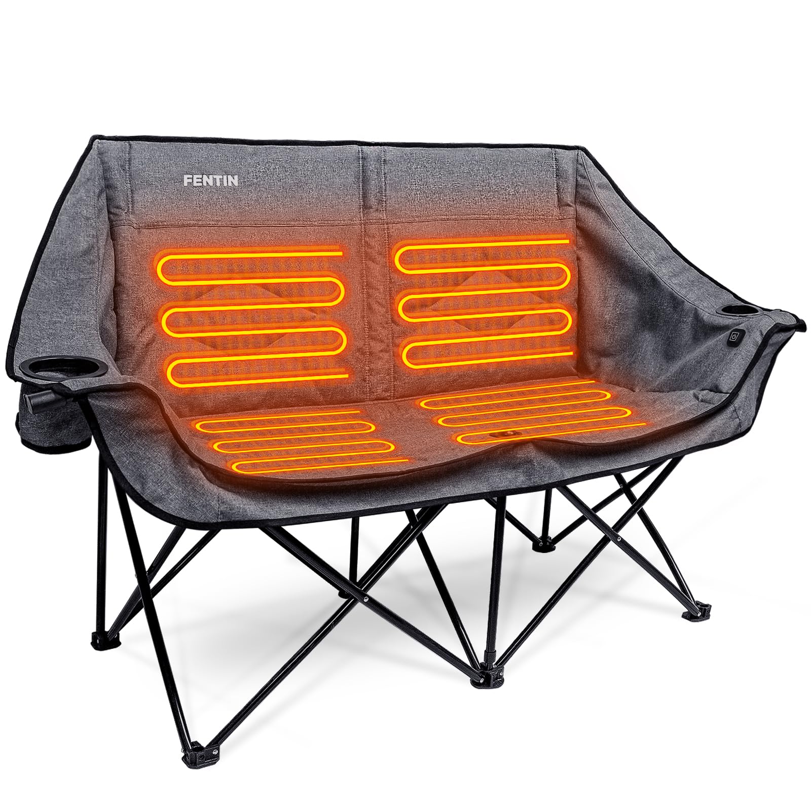 Double Padded Heated Camping Chair with Dual Cup Holders Camp Chair Portable Folding Lawn Chair Supports 600lbs Outdoor Chair for Picnics Backyard Travel Outdoor (Batteries Not Included)(HT332-T3)