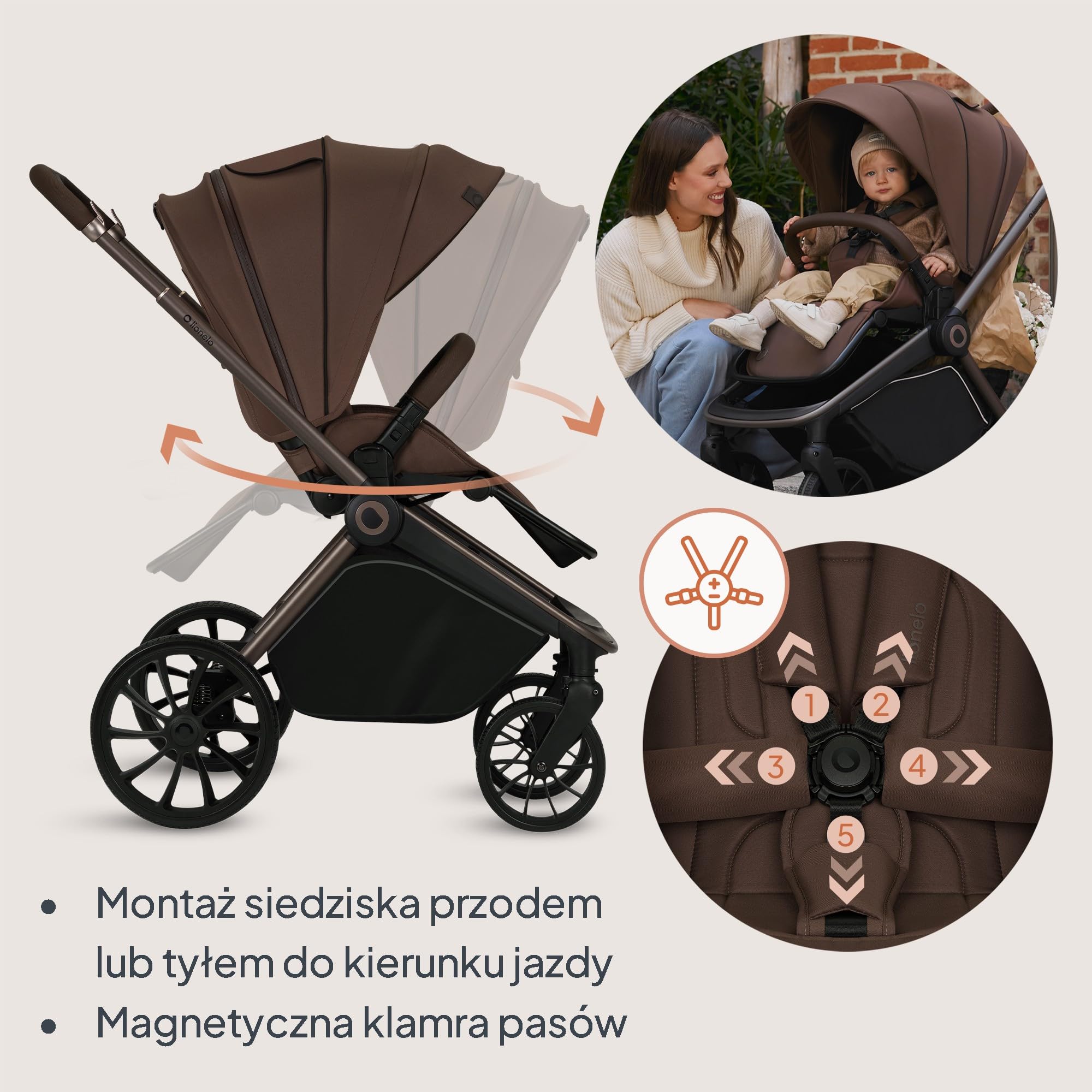 LIONELO Mika wózek 3w1 zestaw spacerówka, gondola i fotelik samochodowy, funkcja nosidełka, w zestawie moskitiera, pokrowiec na nóżki, folia przeciwdeszczowa, gumowe koła, lekka konstrukcja