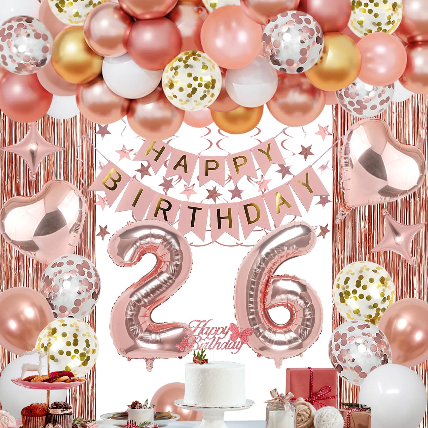 NANINUNENO 26th Rose Gold Birthday Party Decorations for Women, Rose Gold Happy Birthday Banner, Fringe Curtains, Heart Foil Balloons, Confetti
