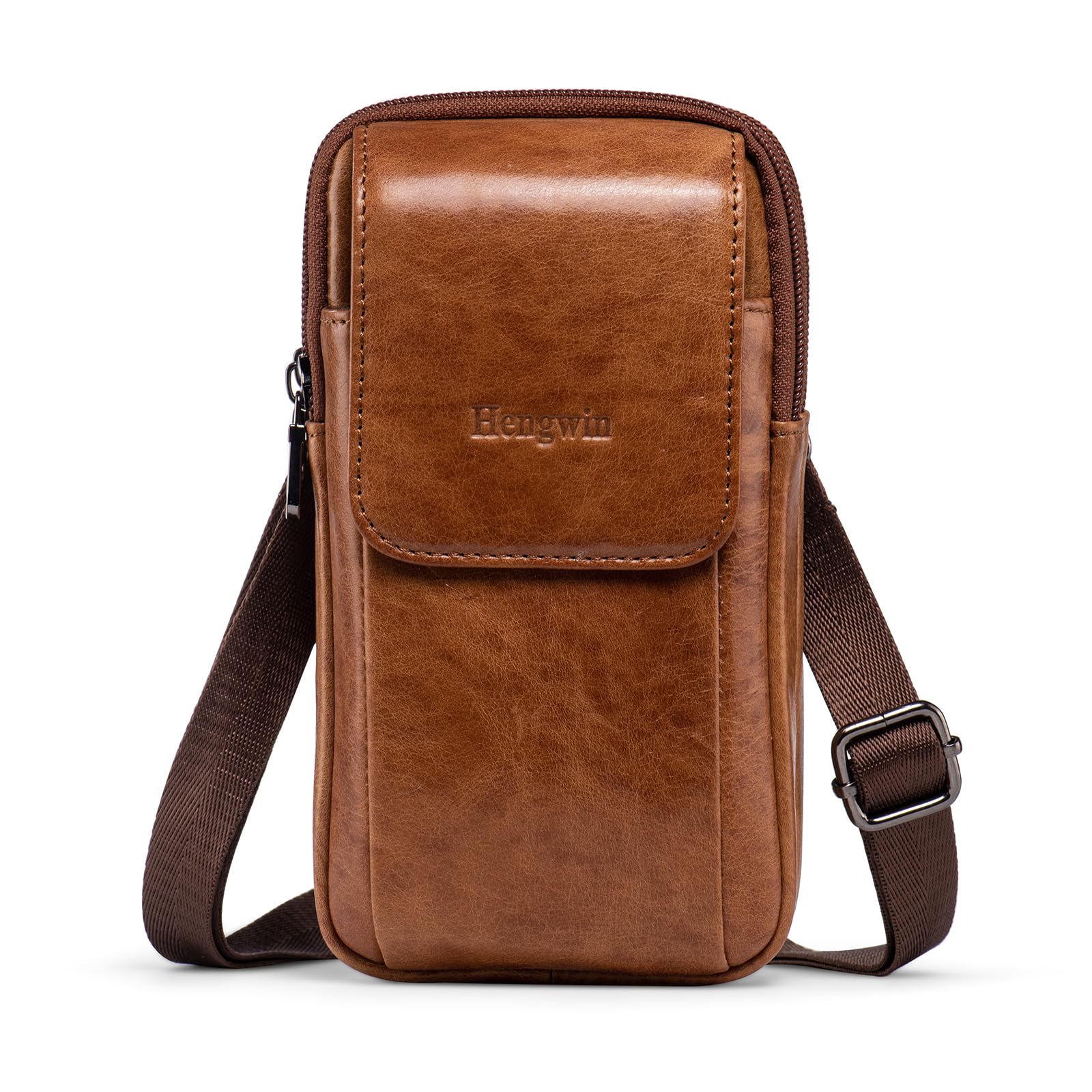 Multifuncional Cuero Genuino Doble Cremallera Bolsillos Hombres Vintage Look Bolso Bolso de Hombro teléfono cinturón Bolsa teléfono Funda para Viajes Actividades al Aire Libre