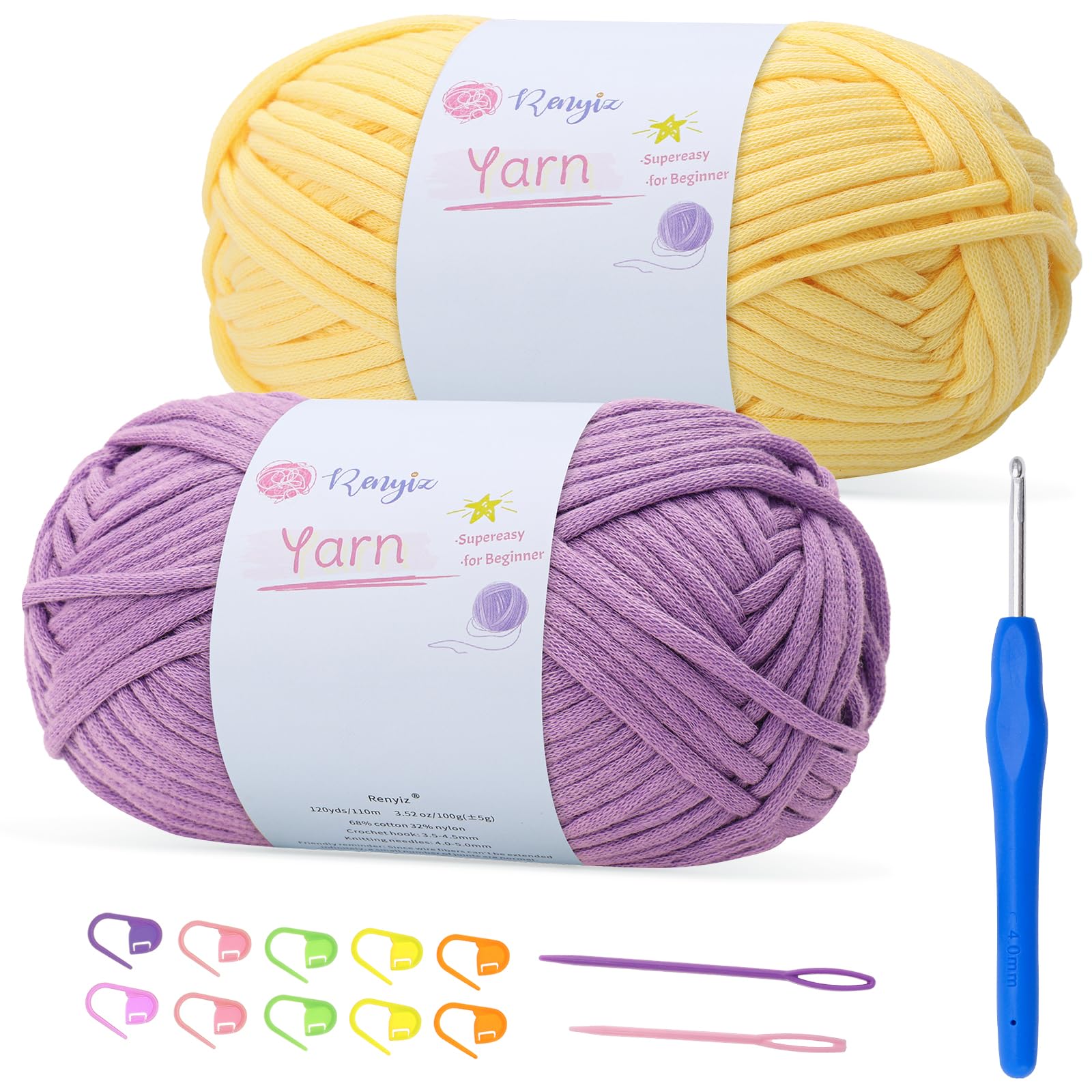 100gx2 Chunky Cotton Crochet Yarn with 4mm Hook, Soft Non-Split Thick Yarn for Amigurumi DIY Gifts Home Decor