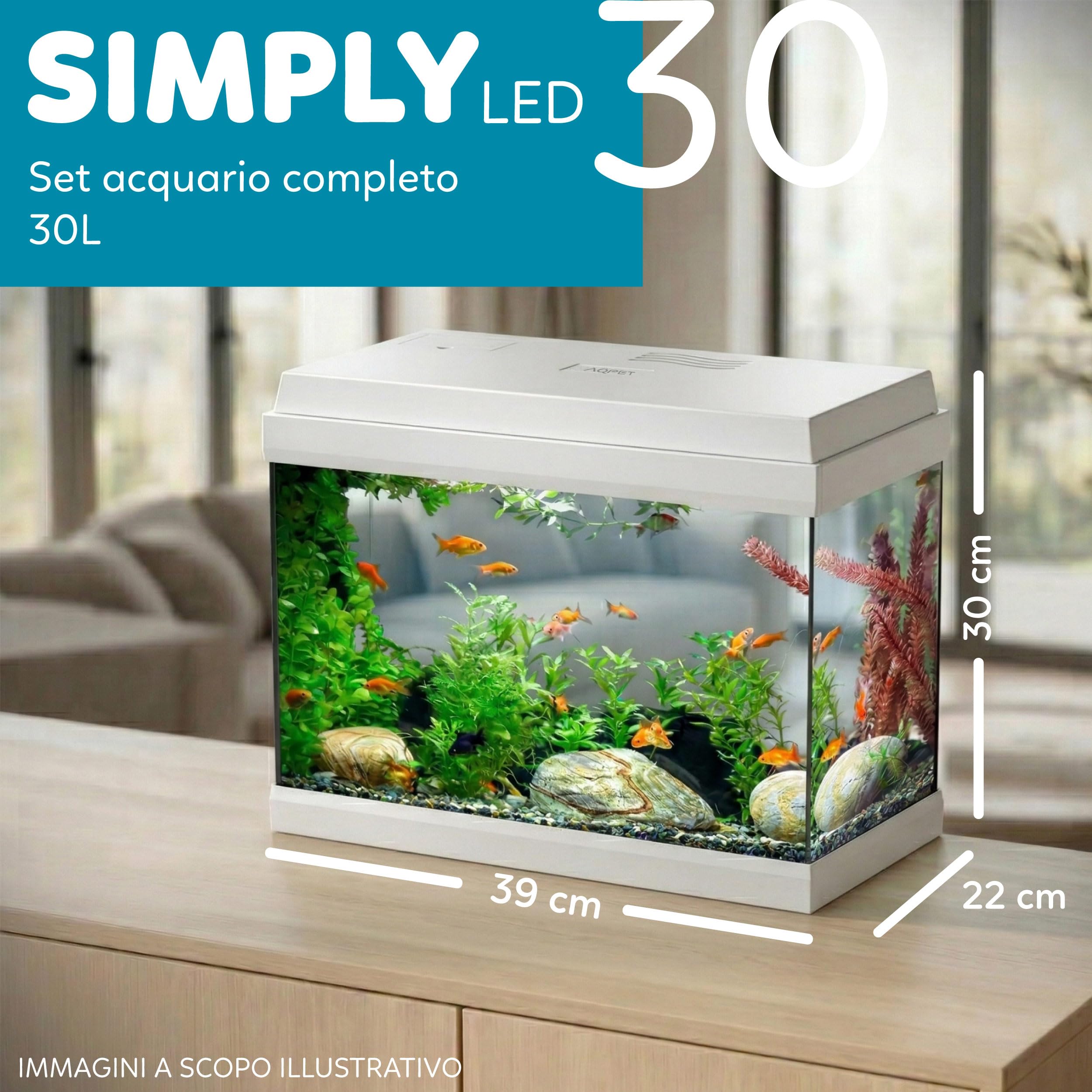 AQPET Acquario in Vetro per Pesci Tropicali Completo di Accessori Filtro Luce Simply, 30 39x22x30 cm 30 Litri, Bianco