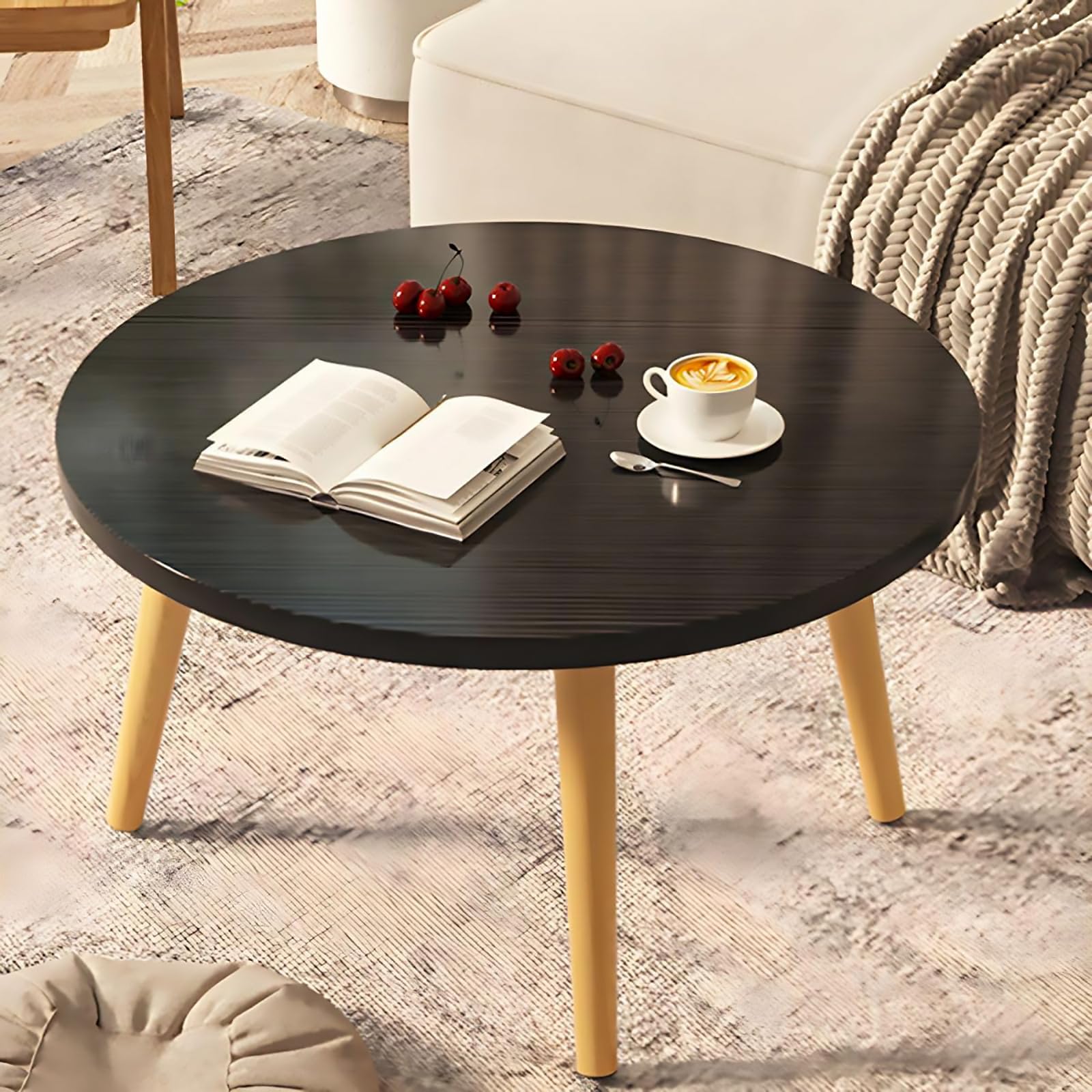 SXZenSpace Modern Round Coffee Table, Wooden Center Table for Living Room, Small Low Study, Desk, Bedroom, Tea 50cm x 50cm, Stylish Home Decor.