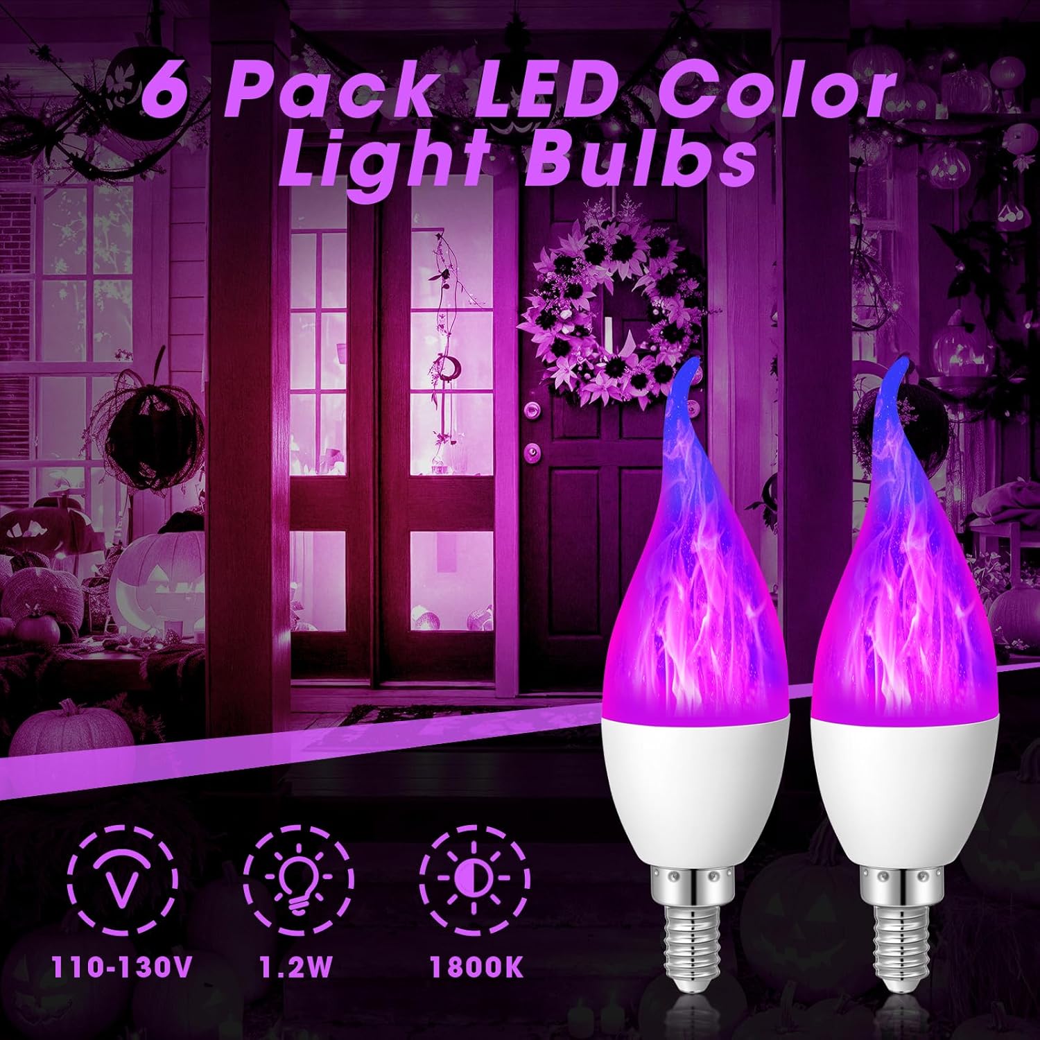 VIHOSE Halloween 6 Pack E12 LED Flickering Light Bulbs Candle Chandelier Fire Light Bulb LED Candle Bulbs for Christmas Xmas Party Porch Indoor Decoration(Purple)