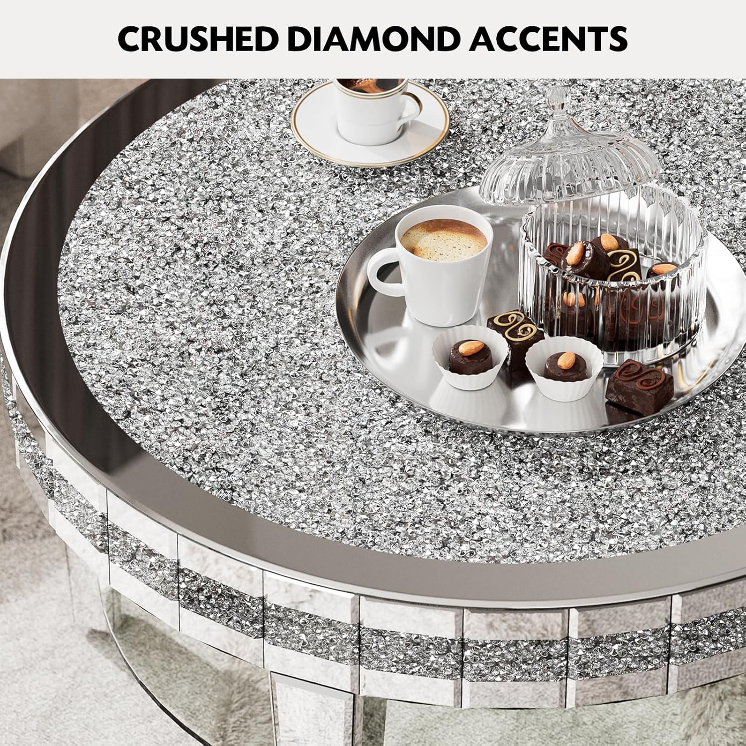 IKIFLY Mirrored Coffee Table 2-Tier with Crushed Diamond, 31.5 Inches Silver Living Room Table, Round Coffee Table with Storage for Office
