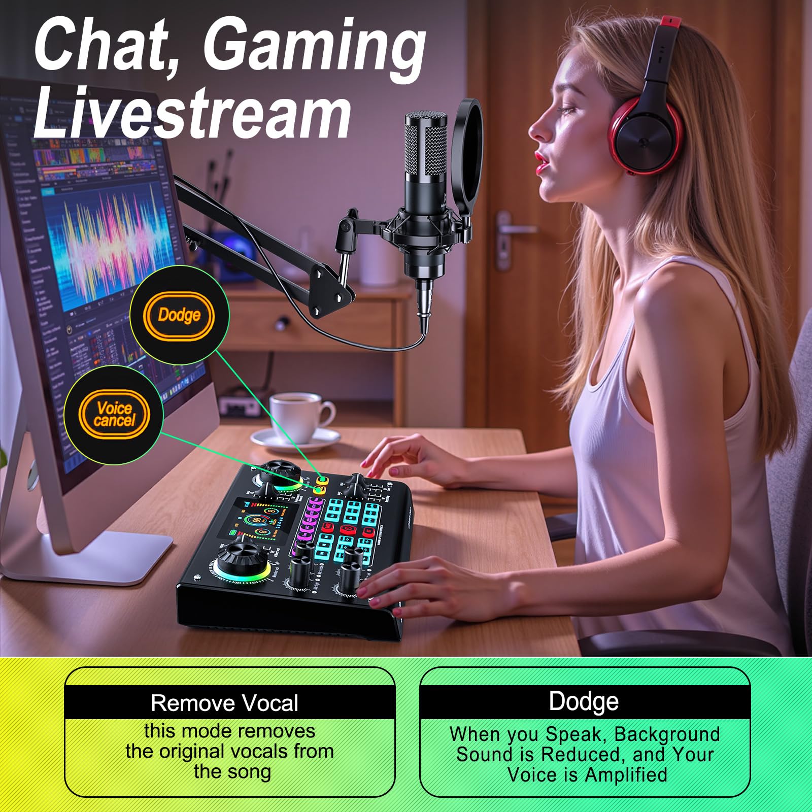 Professional Podcast Bundle with DSP Sound Card and Audio Mixer, 3.5mm Condenser Microphone for Live Streaming, Singing, Recording, and Gaming – Voice Changer, Noise Reduction