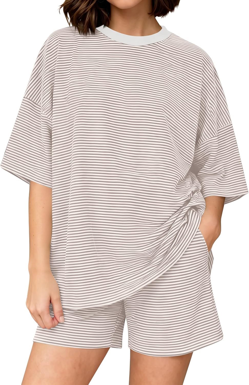 Women Striped Lounge Set Short Sleeve Pajama Sets Oversized T Shirts High Waist Shorts 2 Piece Matching Set
