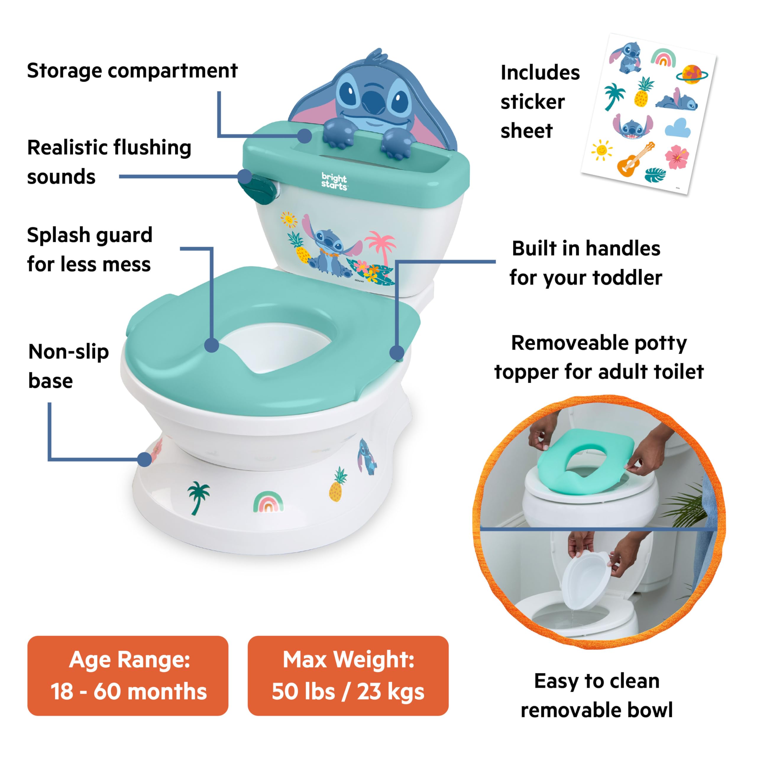 Disney Baby Stitch My Size Vasino Bambini di Bright Starts, 2-in-1 Vasino con Suono di Scarico, Sedile WC Rimovibile, Include 12 Adesivi, Addestramento al Vasino, Da 18 Mesi