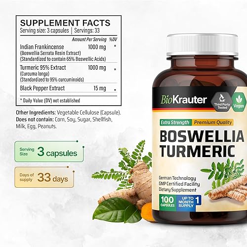 Miniatura 3 de BIO KRAUTER Suplemento de cúrcuma con cápsulas de extracto de boswellia, mezcla de 2000 mg, 100 unidades, cúrcuma de Boswellia vegana (curcumina),