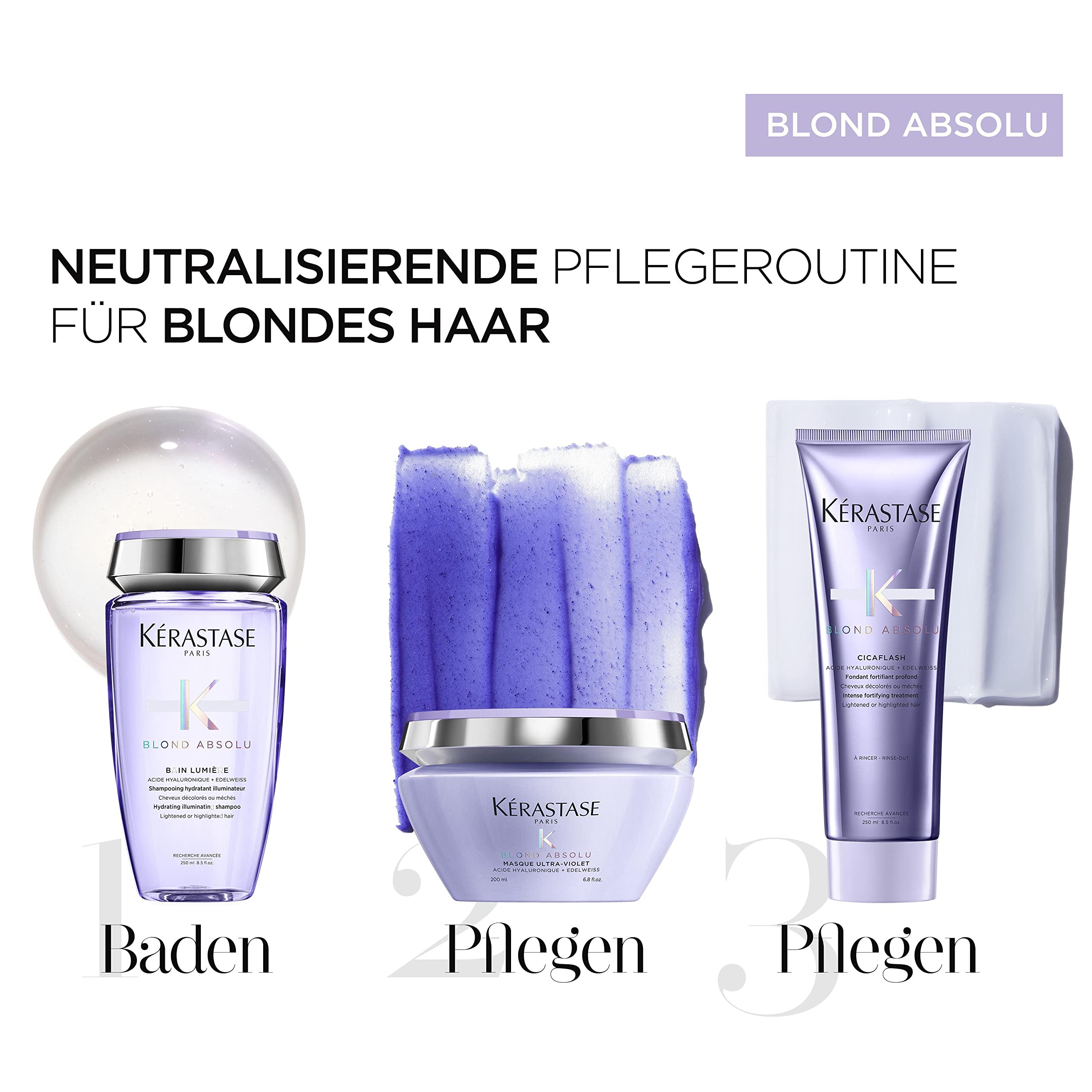 Kérastase, Blond Absolu, Pflegeroutine mit Shampoo, Anti-Gelbstich Haarmaske und Haarspülung für blondiertes oder natürlich blondes Haar, Mit Hyaluronsäure