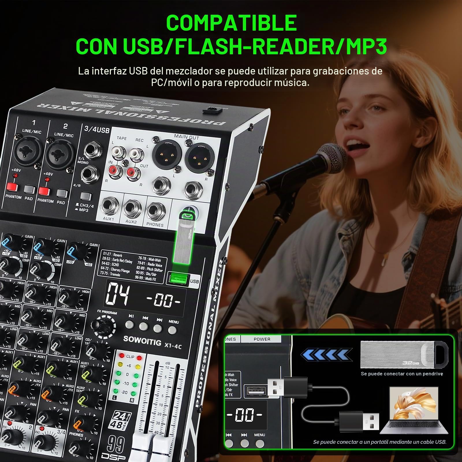 Consola de mezcla de audio de 4 canales con 99 efectos DSP, mezclador DJ digital, panel de mezcla profesional con USB, Bluetooth, alimentación fantasma de 48 V