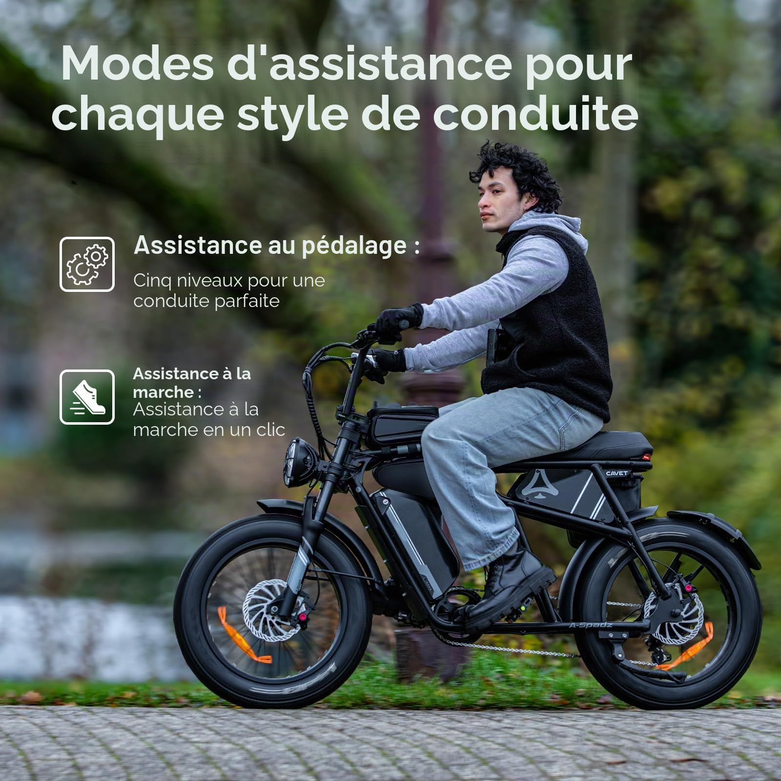 Cavet Air Vélo Électrique Fat Bike 20" 48V 250W 15,6Ah 7 Vitesses Double Siège Écran TFT
