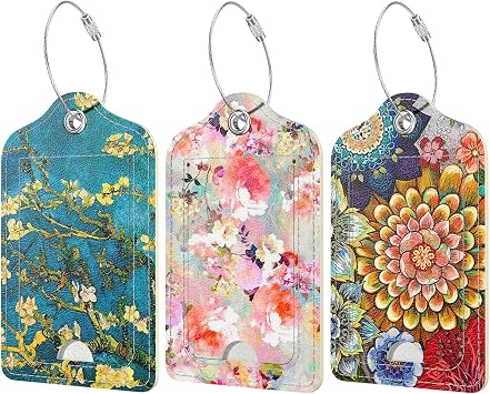 Rimilak 3 Pcs PU Leather Luggage Tags for Suitcase, Travel Cruise Luggage Tag with Privacy Flap, Name ID Label and Metal Loop for Women Men Baggage Handbag School Bag Backpack, Watercolor Flowers