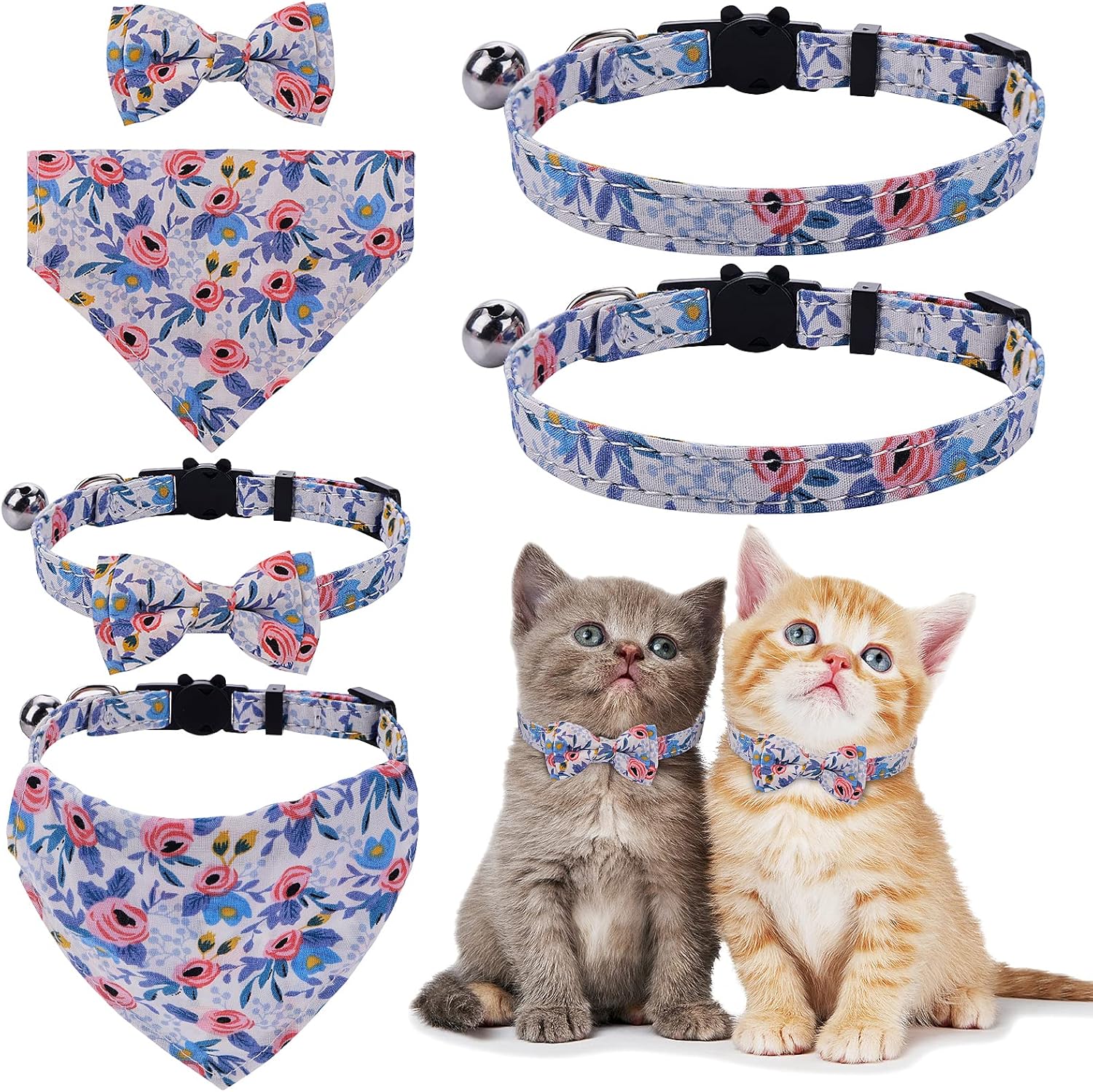 Molain 2 Piezas/Juegos de Collares para Gatos con Campanas, Pajarita extraíble Bandana 2 Collares para Mascotas 1 Bandana para Perro 1 Lazo Collar para Gatito Bandana para Gato Pajarita para Perro