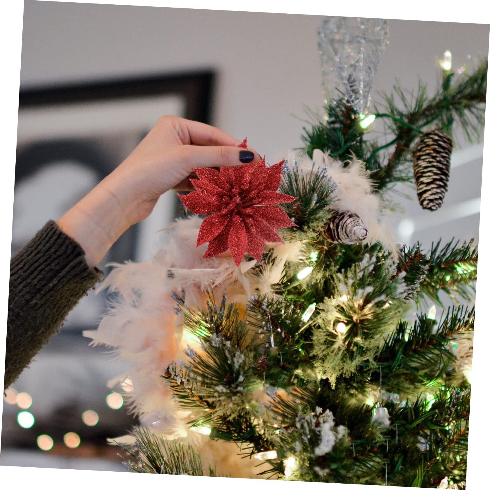 Pendentif De Noël Fleur en Tissu Rouge Paillettes 12 Pièces Décoration d'arbre De Noël Intérieure Et Extérieure Fournitures De Fête