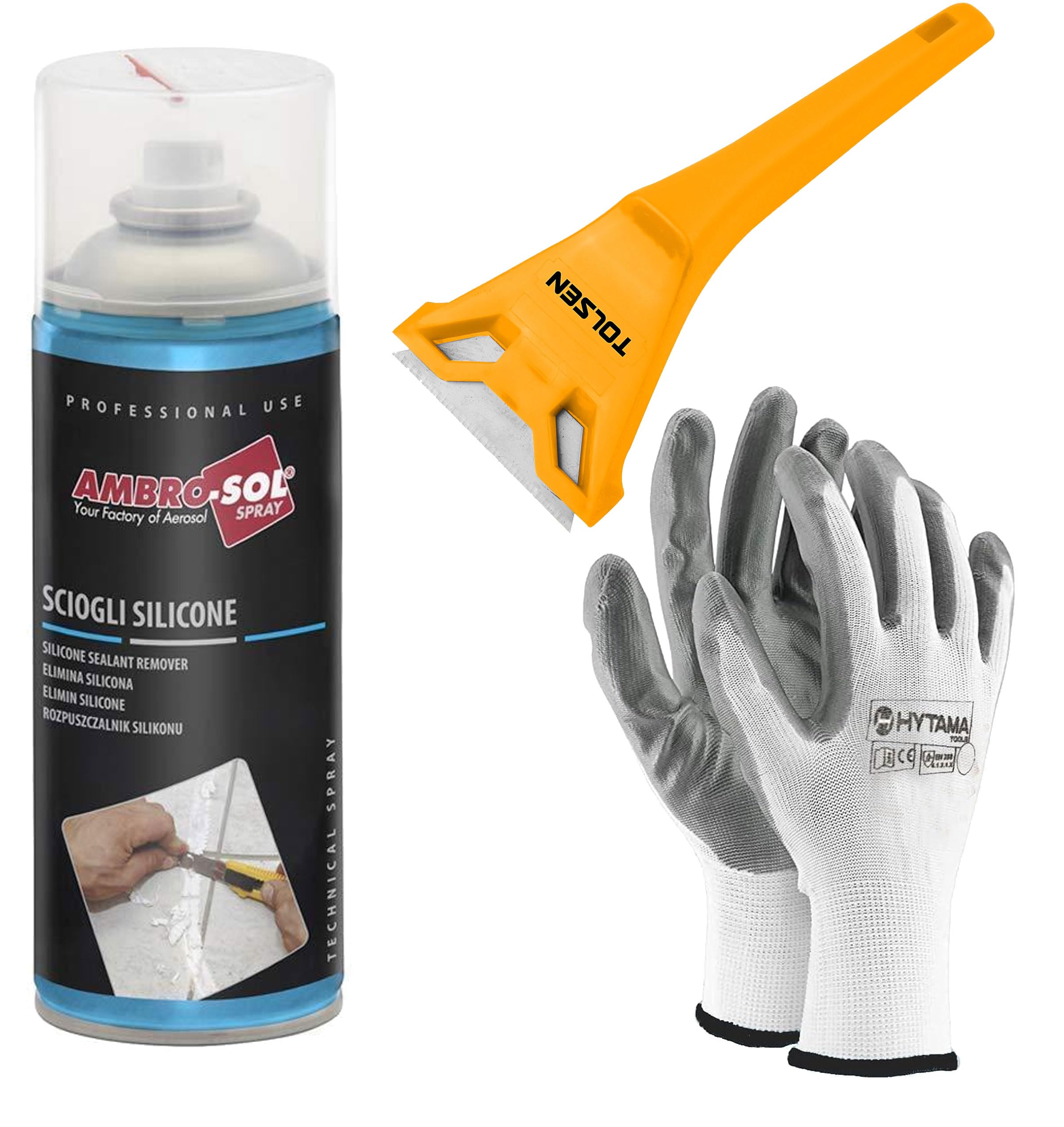 Sciogli Silicone, Rimuove il Silicone e Relativi Residui senza Aggredire le Superfici, Agisce Rapidamente, Spray 1 x 400 ml il Kit Comprende 1 RASCHIETTO e 1 Paio Guanti Nitrile
