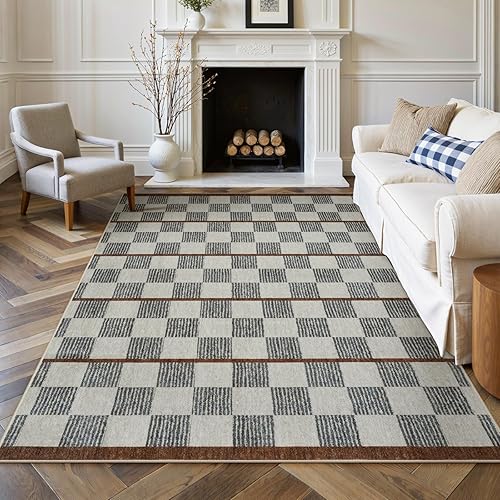 Washable Rugs for Living Room Checkered, 5x7 Neutral Geometric Area Rug Non Slip Soft Modern Checkerboard Plaid Boys Rug for Bedroom, Low Pile Carpet for Nursery Dining Room Home Office (Tan, 5'x7')