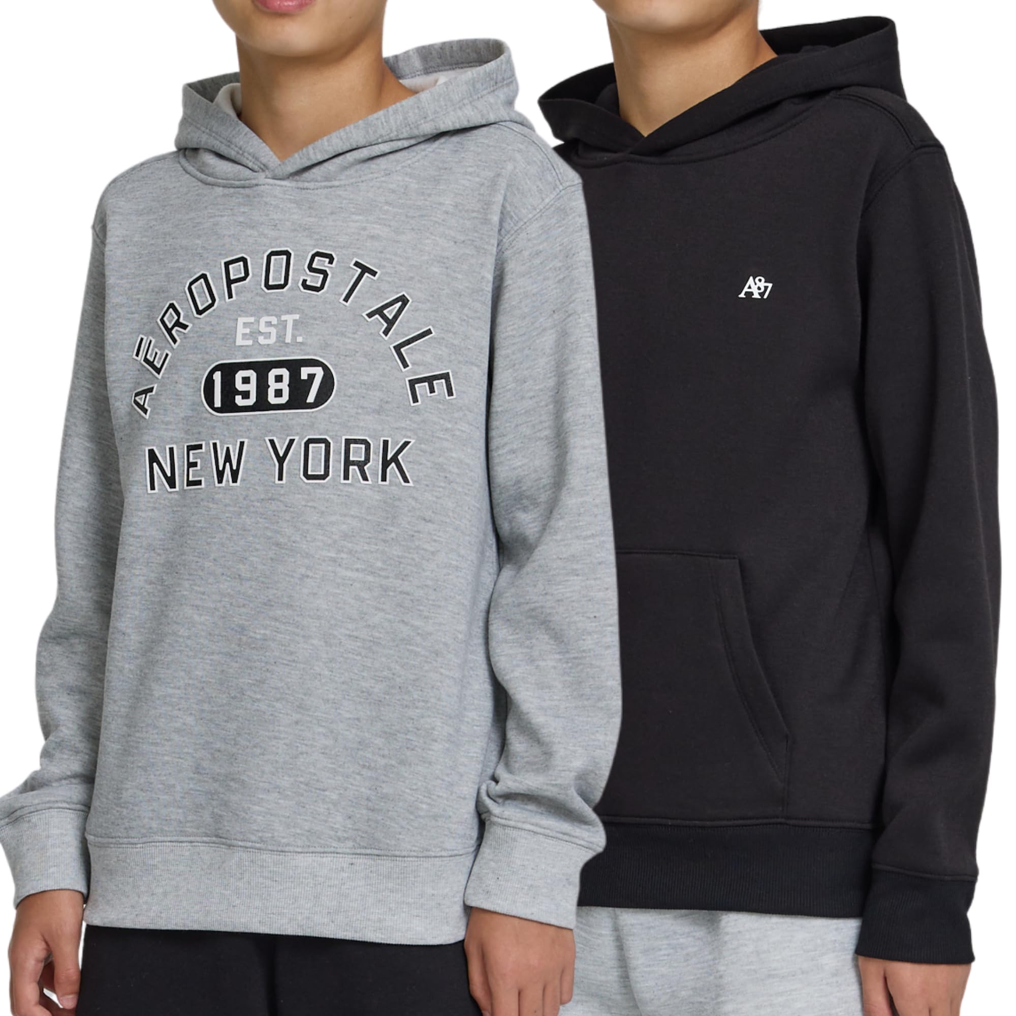 AEROPOSTALE Boys Hoodie 2 Pack – Premium Comfy Fleece Hooded Pullover for Kids, Soft Boys Sweatshirts Set, Size 4-20 Grey/Black