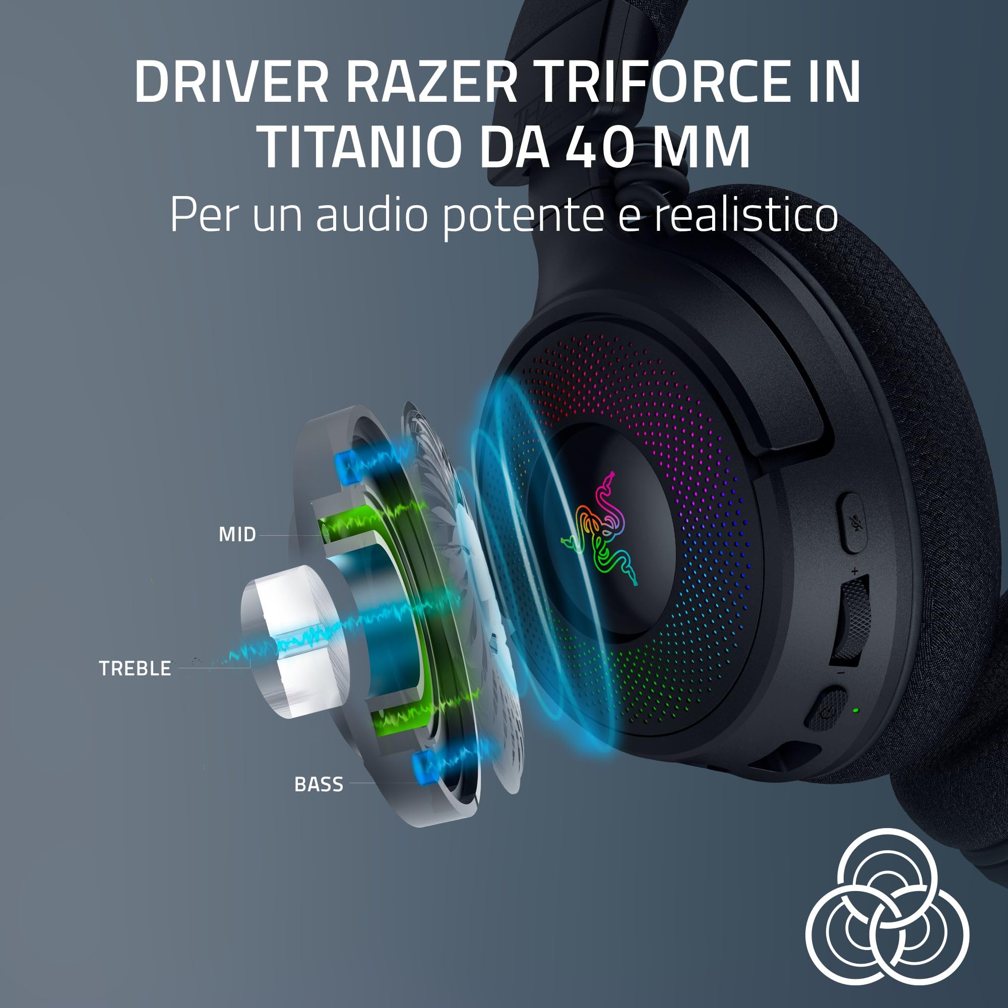 Razer Kraken V4 - Cuffia da gioco wireless (connettività a 3 modalità, Driver TriForce da 40mm, illuminazione del auricolare RGB a 9 zone, regolazione del mix e del volume, THX Spatial Audio) Nero
