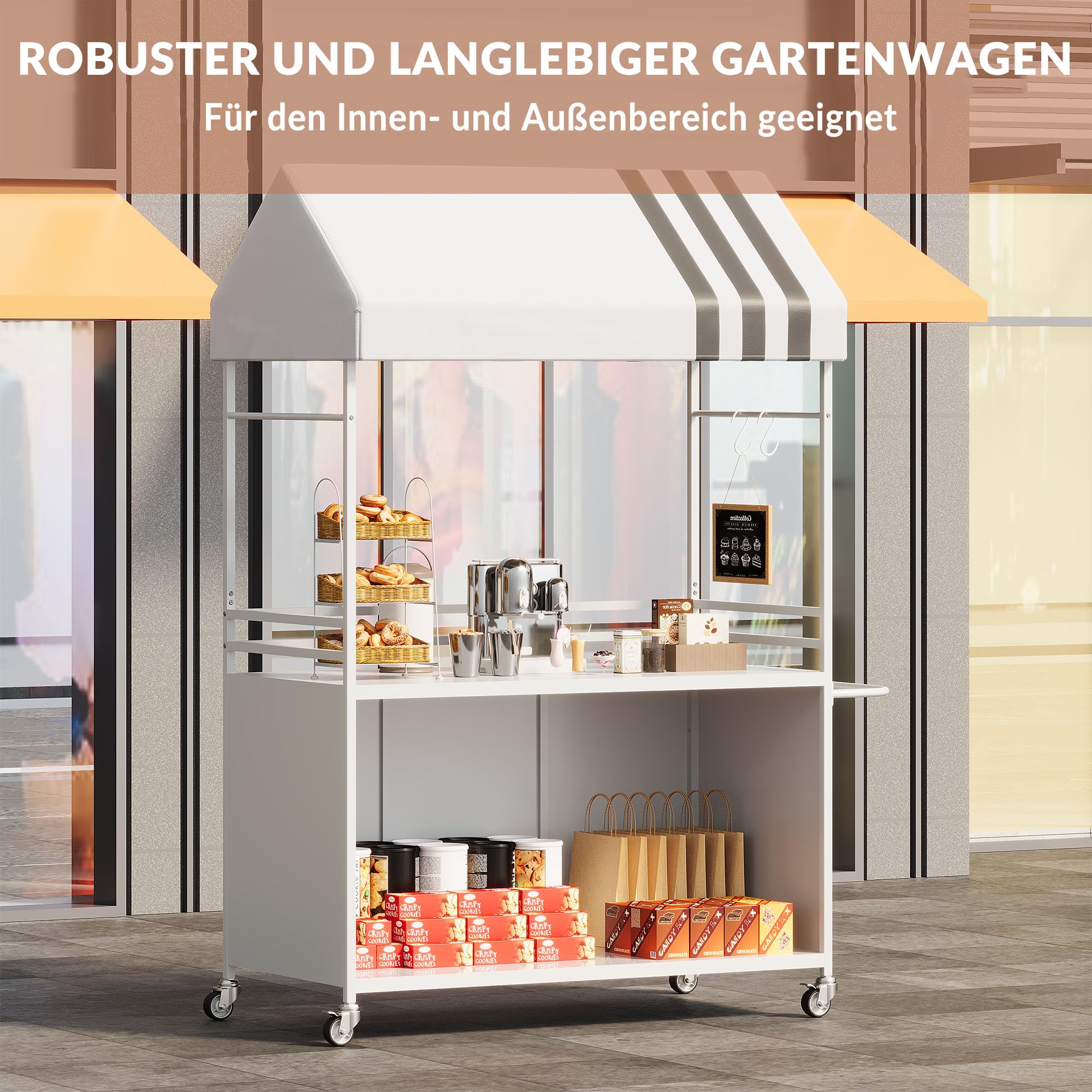 Tragbarer Verkaufswagen mit Überdachung, Mobile Imbisswagen mit feststellbaren Rädern, 190 cm hoher Straßenverkaufsständer für Streetfood, Kaffee, Blumen, Veranstaltungen im Innen- und Außenbereich