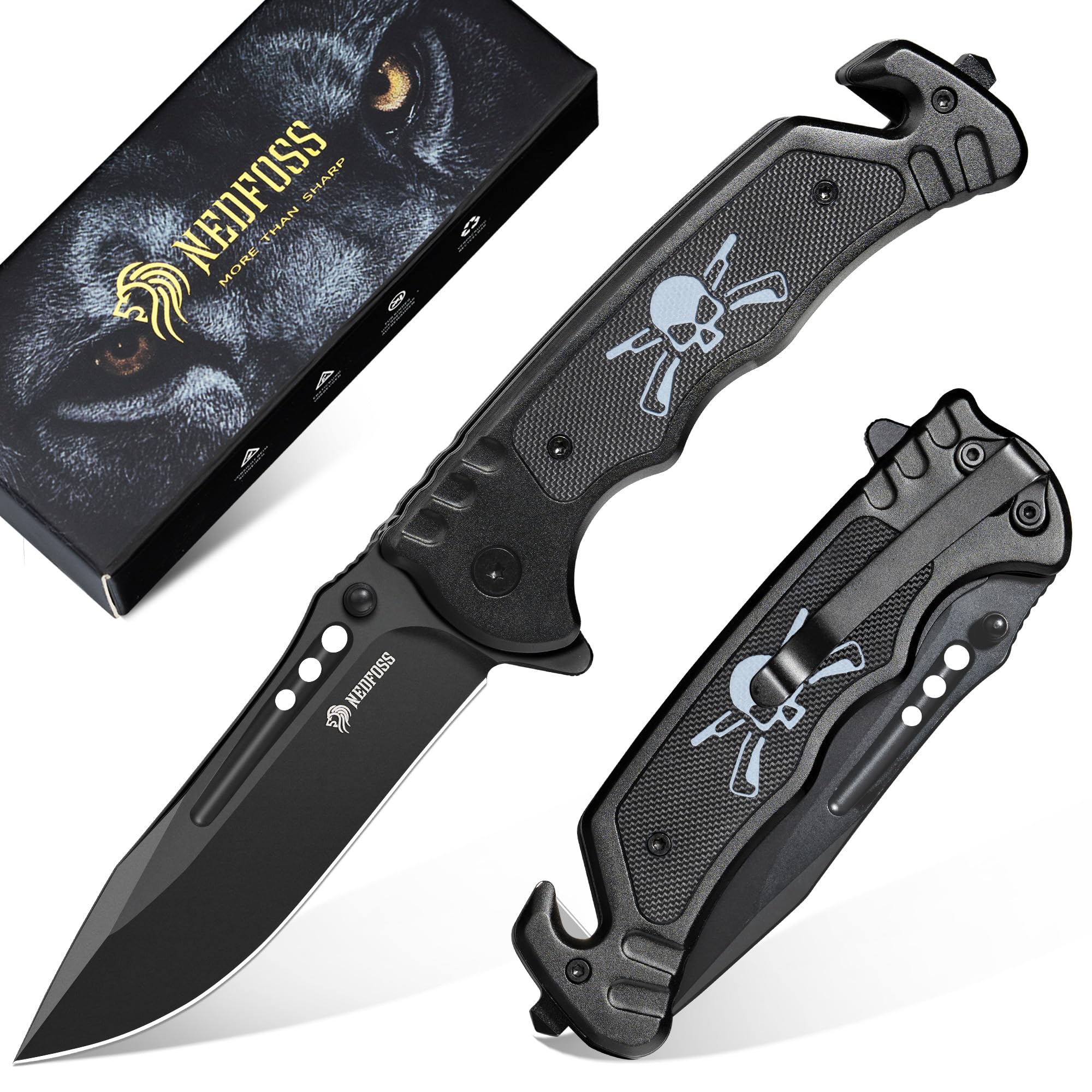 NedFoss GRIZZLY Pocket Knife, 3.8" AUS-8 Steel Blade, 3 in 1 Tactical Knife with Glass Breaker, Seatbelt Cutter, Unique G10 Handle, Cool Folding Knife for Emergency Rescue