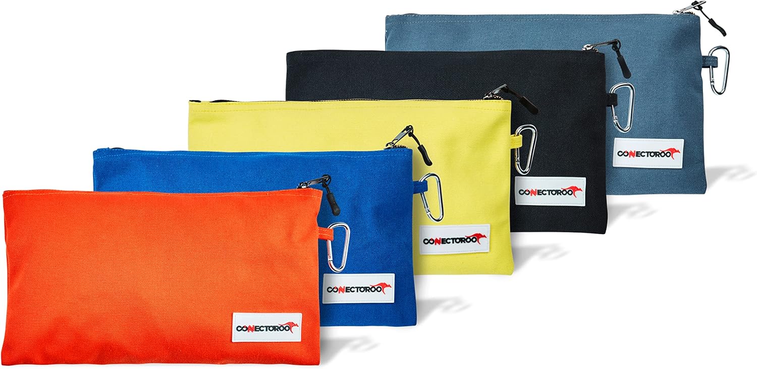 Tool pouch set of 5 - Canvas Tool Bag set with zipper and carabiner clip.  Professional heavy duty small tool bag set - pouch bags for tools, hardware and more (12" x 7") - - 