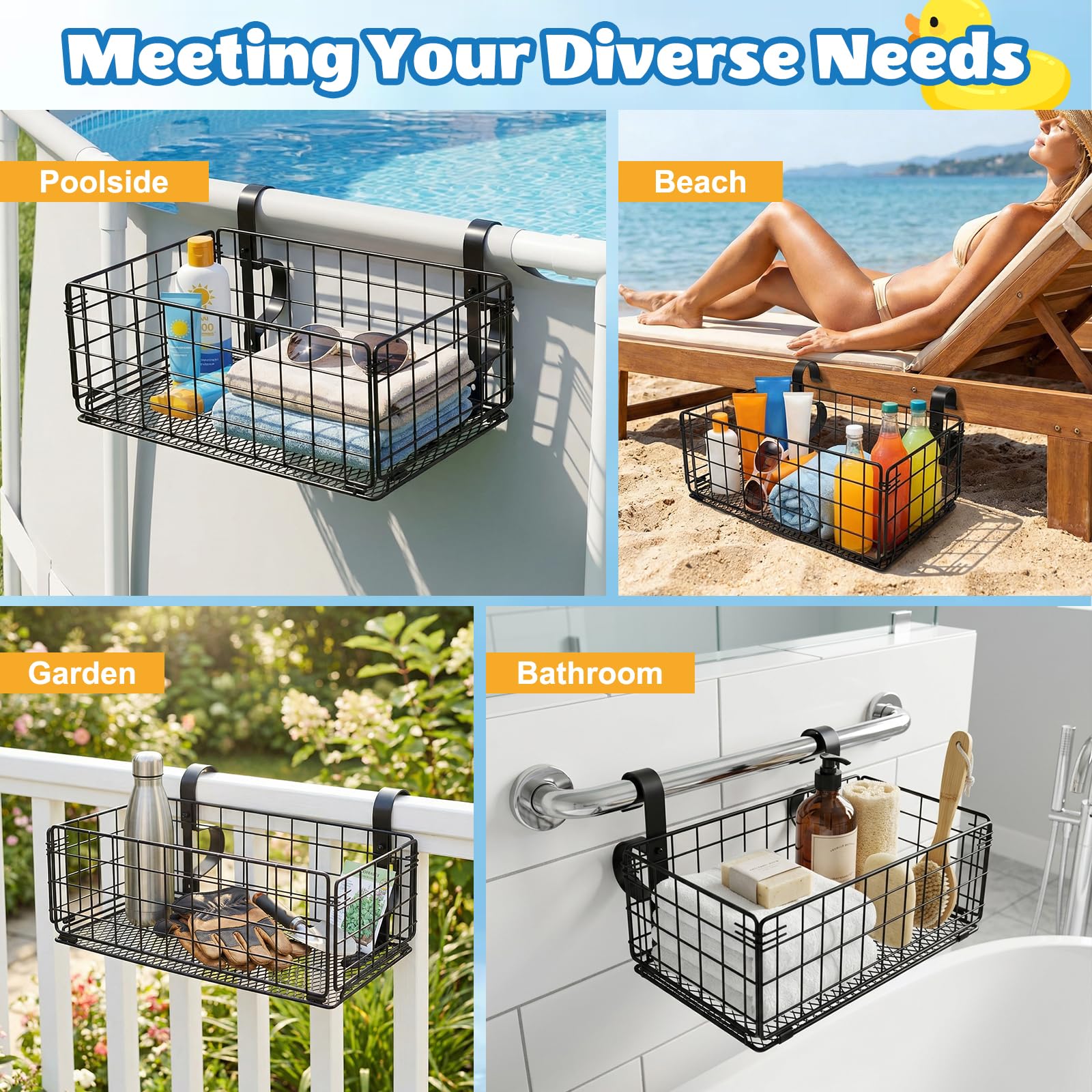 Panier de Rangement au Bord de la Piscine, Pliable Panier Rangement Piscine Hors Sol en Métal Motif Ajouré Accessoire de Piscine pour Les Jouets de Piscine, Les Serviettes, Les Boissons