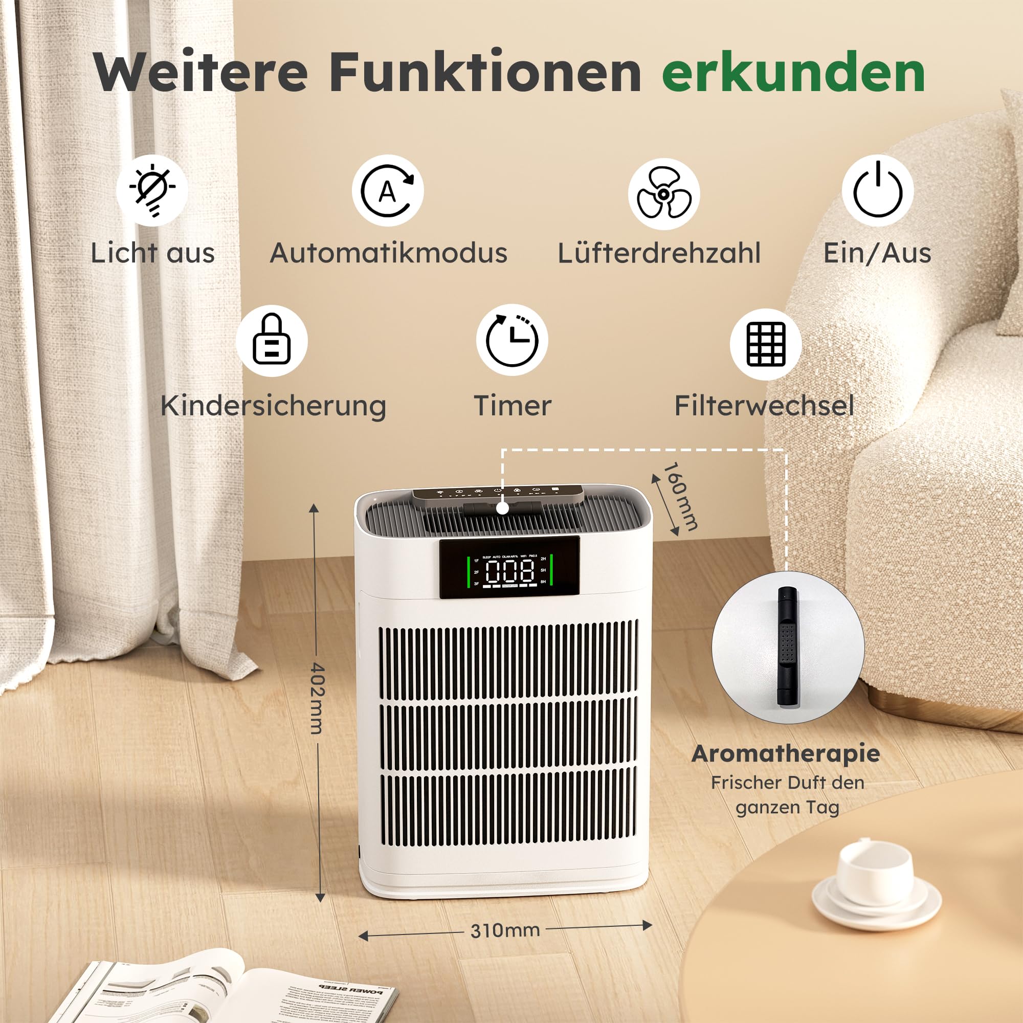 Luftreiniger mit HEPA Luftfilter und Aktivkohlefilter | Vierstufiges Filtersystem gegen Schimmel, Staub und Tierhaare bis zu 0,3 µm, CADR 220m³/h für Räume bis zu 60m², AP001