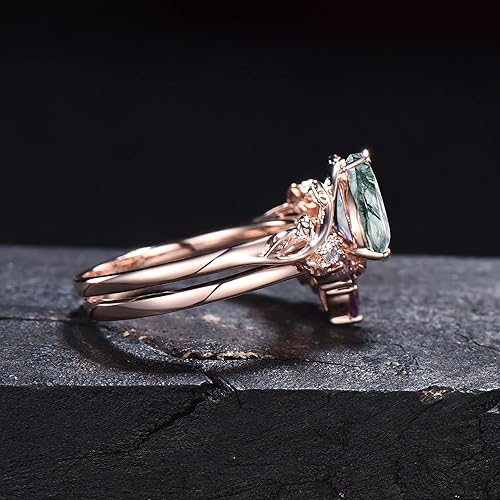 Miniatura 9 de Teardrop Natural Moss Agate Engagement Ring 1.25ct Pear Nature Inspired Wedding Ring Green Aquatic Agate Bridal Set Leaf Vine Branch Alexandrite