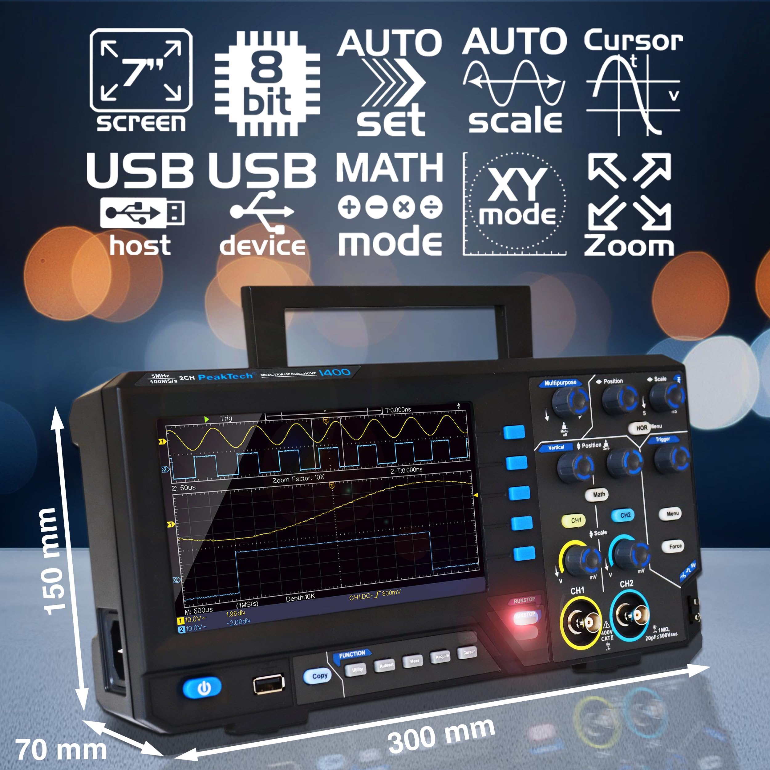 PeakTech P 1404 - Digital Oszilloskop 2 Kanal [3 Jahre Garantie] 100 MHz, 1GS/s, USB Schnittstelle, PC Software, P 1404 Oscilloscope, Schwarz, USB Oszilloskop, Oszilloskop Multimeter
