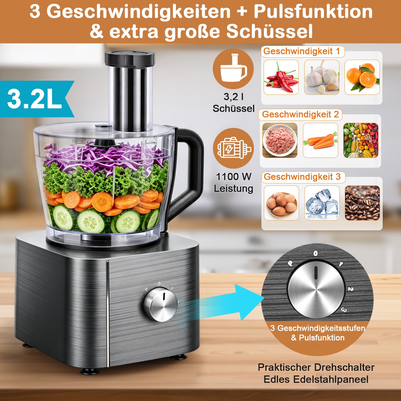 TopStrong Robot da Cucina, Robot Cucina 1100W, Robot Cucina Multifunzione Compatto,11 in 1 Food Processor(frullatore, spremiagrumi e macinacaffè)