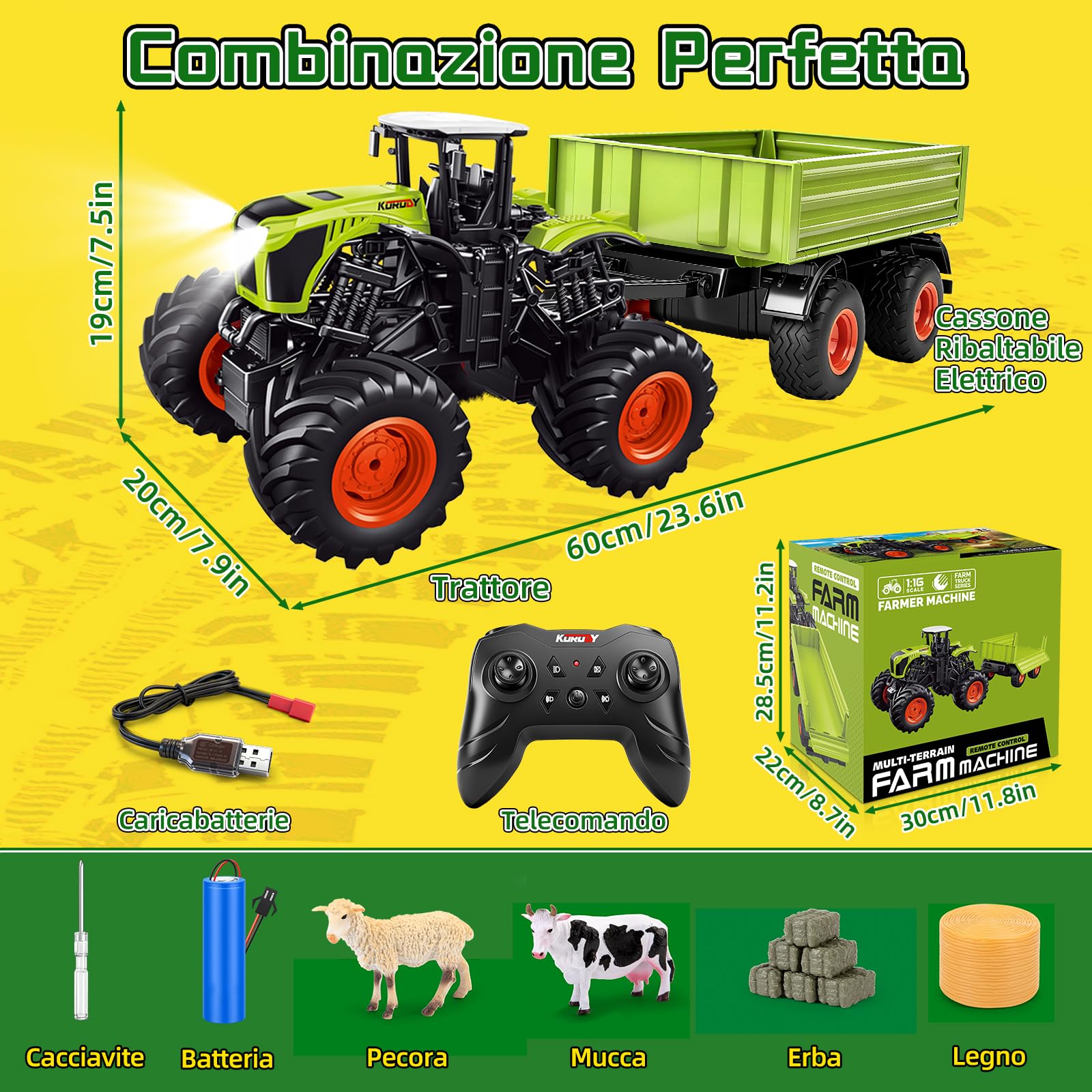 Ulikey RC Trattore Telecomandato per Bambini, 1:16 2,4 GHz Trattore Radiocomandato con Rimorchio, Mucca, Pecora e Pagliaio, Agricolo RC Auto con Musica Luci LED per Bambini di 4 5 6 7 8 anni