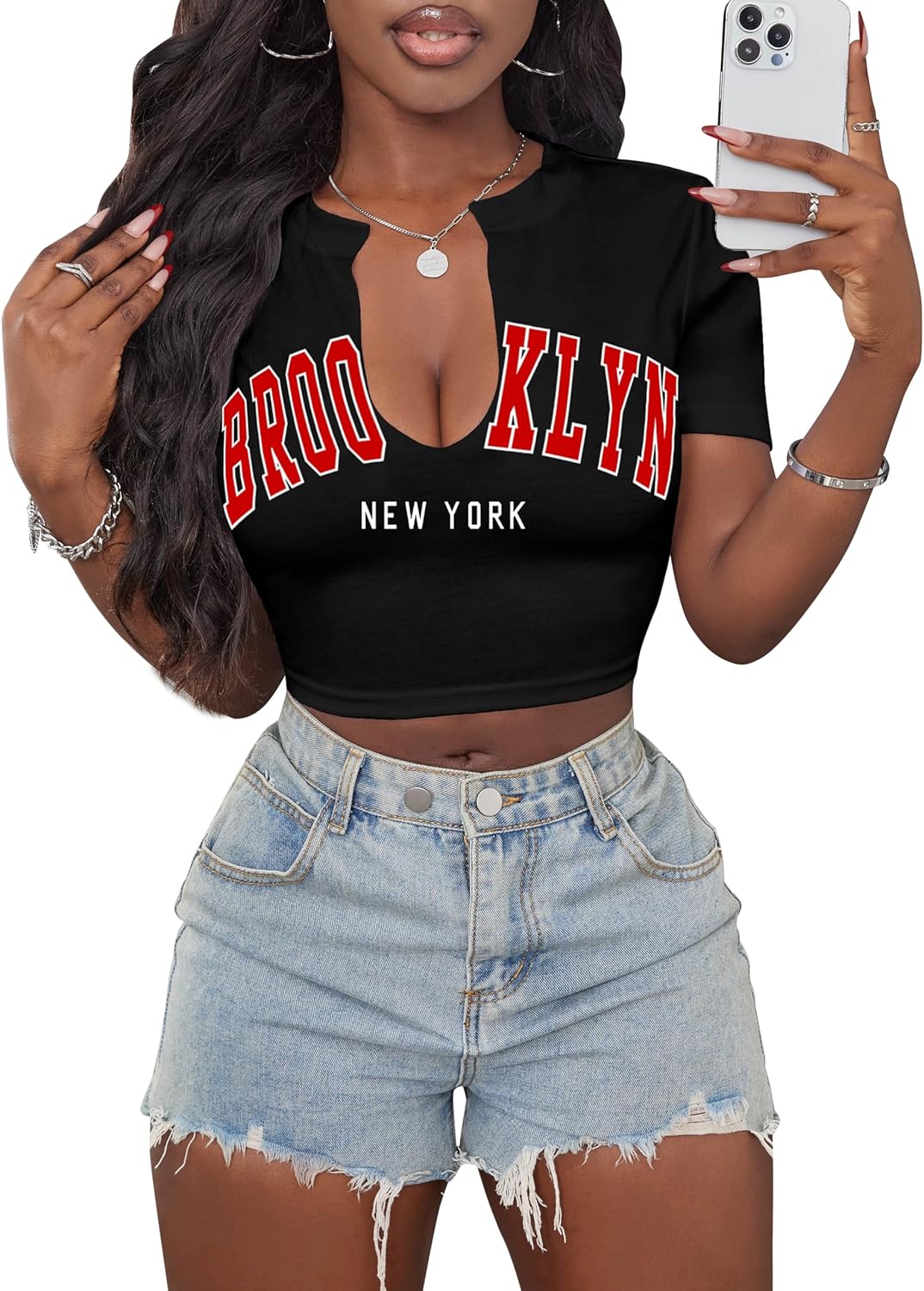 Hilinker Women's Sexy Graphic Crop Tops Short Sleeve V Neck T Shirts Summer Tees - Image 4