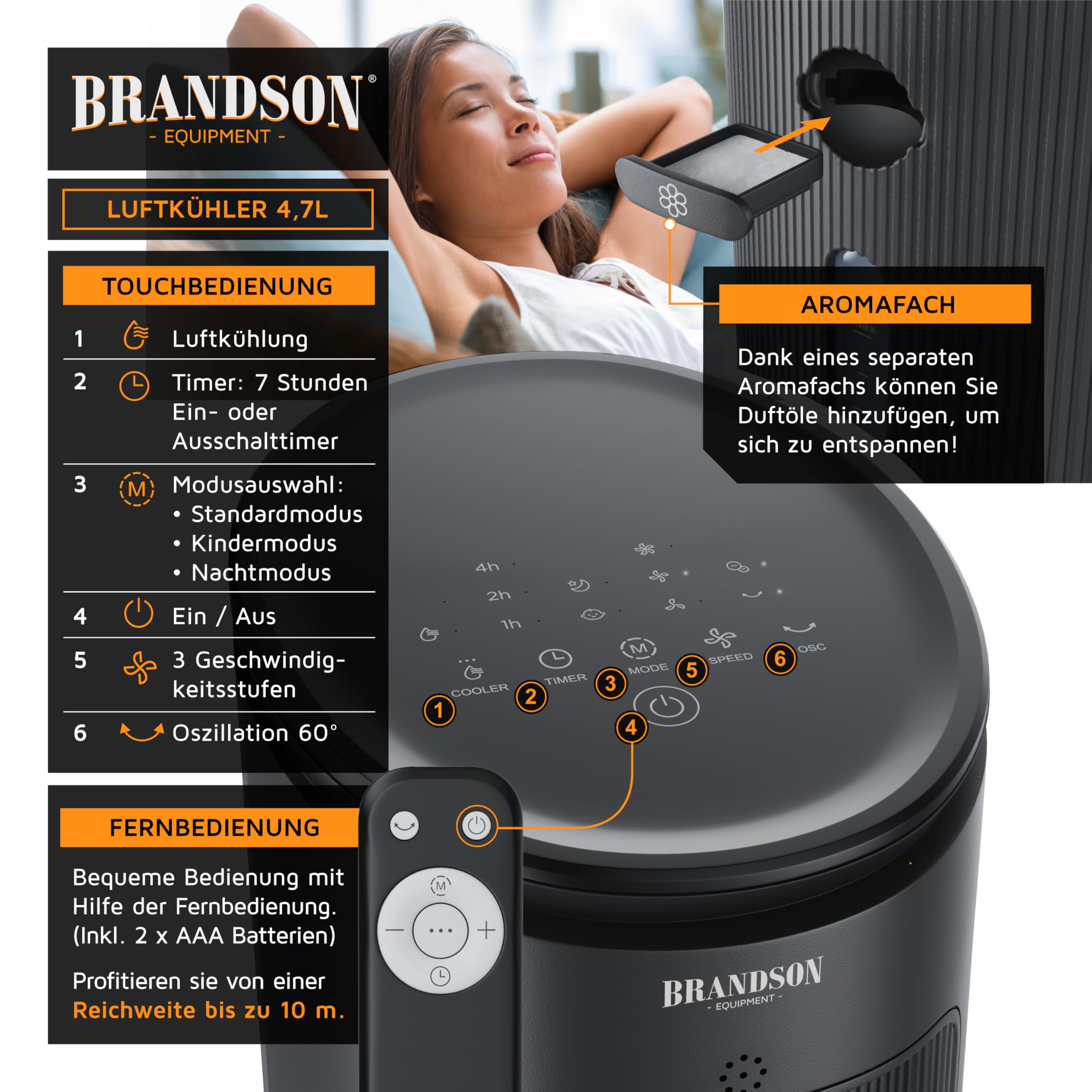 Brandson - Turmventilator mit Wasserkühlung - Preisträger 2026 - Verdunstungskühler - Luftkühler - Ventilator - mobile Klimaanlage ohne Abluftschlauch - 5 in 1 - leise - 4,7 L Wassertank - schwarz