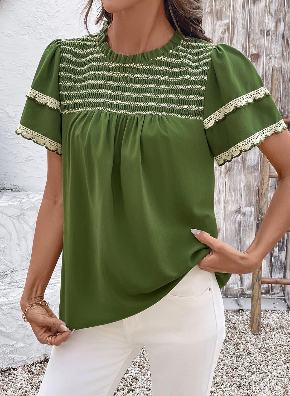 Dokotoo Womens Summer Tops Crewneck Ruffle Short Sleeve Shirts Casual Pleated Blouses Flowy Boho Clothing - Image 4