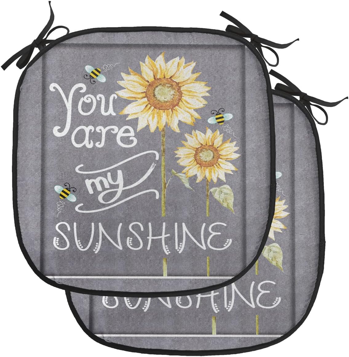 Lunarable You are My Sunshine Chair Cushion Pads Set of 2, You are My Sunshine Words on Blackboard Bees Sunflowers Vintage Image, Anti-Slip Seat Padding for Kitchen & Patio, 16"x16", Yellow Grey