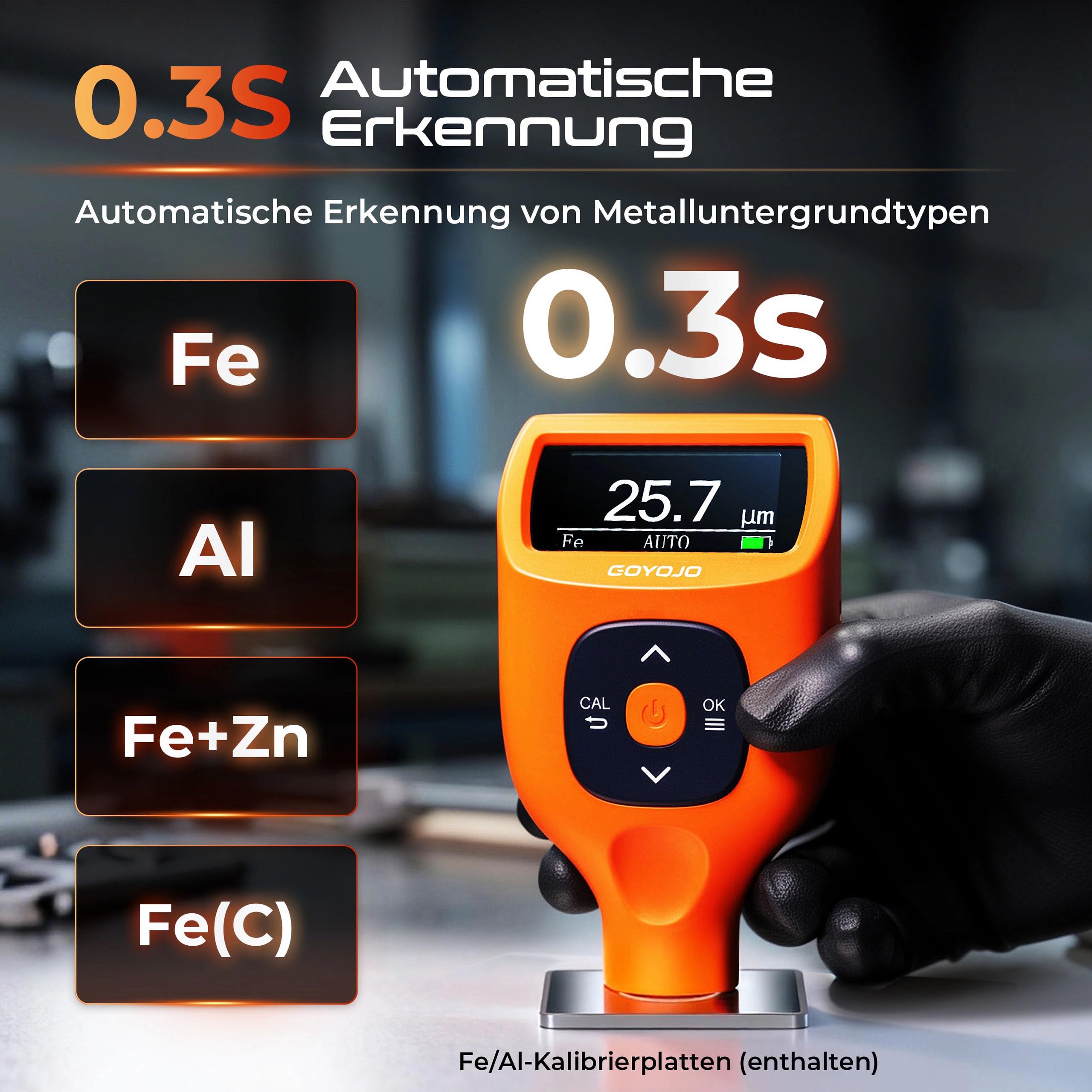 GOYOJO Lackdickenmessgerät Auto 0–2000 μm – Schichtdickenmessgerät Digital für Auto Karosserie, Misst auf Stahl Aluminium Zink, Ideal für Gebrauchtwagenprüfung mit Auto-Erkennung