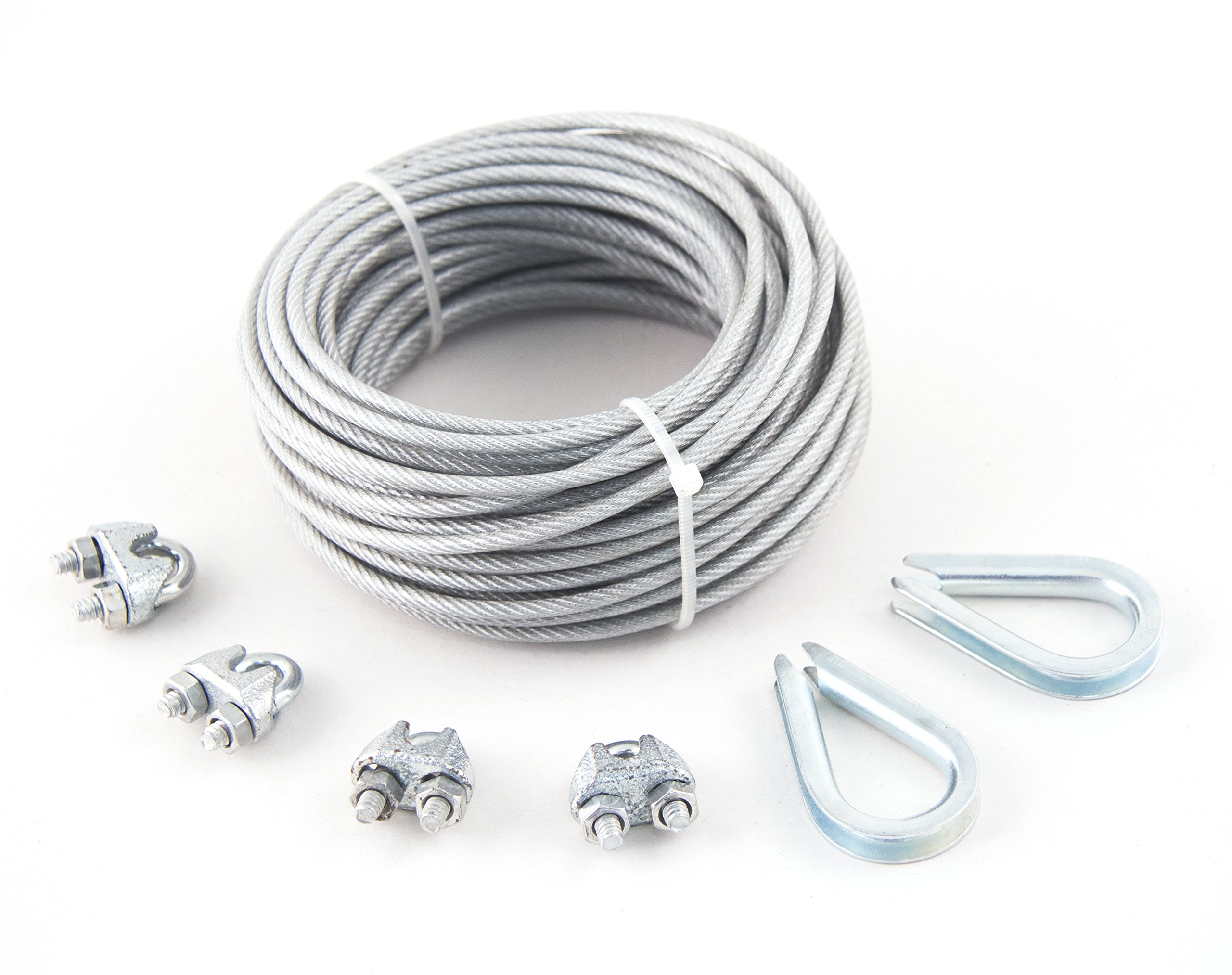 KingChain 505151 3/32-inch x 1/8-in x 50 ft PVC Coated Galvanised Steel 7 x 7 Aircraft Cable Metal Wire Rope Kit, 184 lb Working Load (x4 1/8-inch Wire Rope Clips and x2 1/8-inch Wire Rope Thimbles)