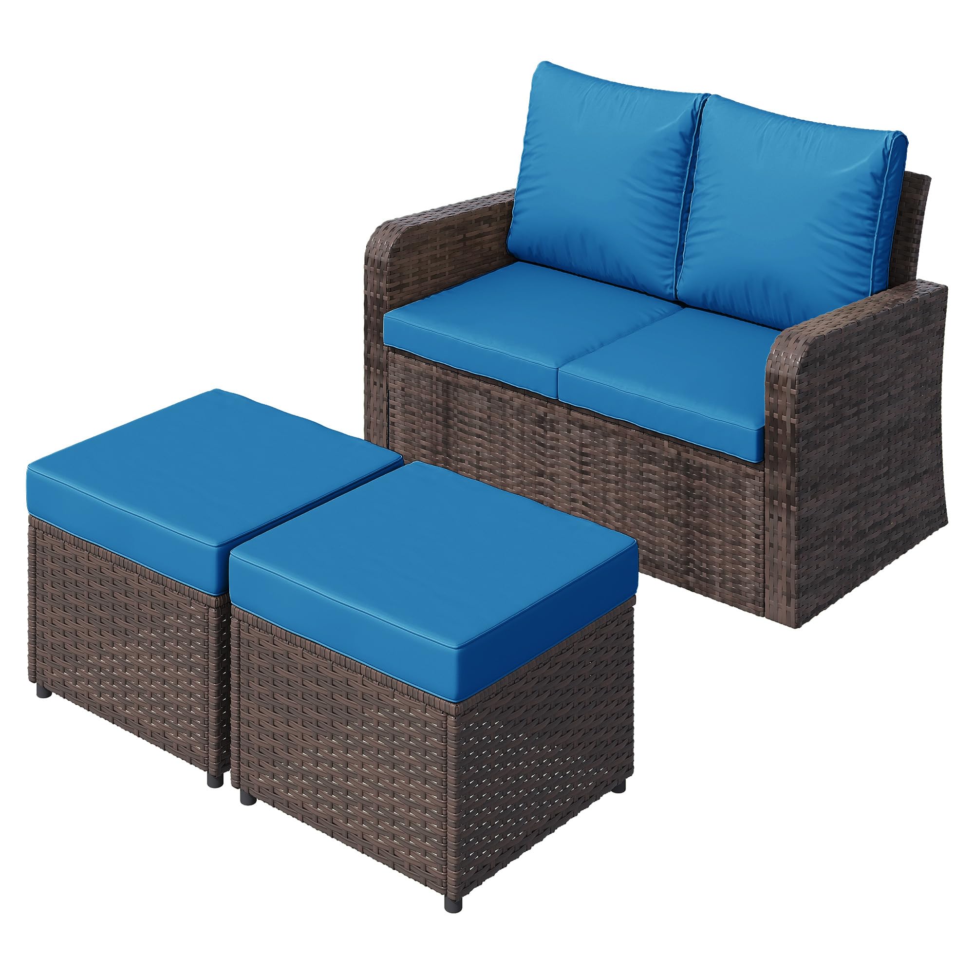HOMREST Outdoor Patio Couch Sofa, All-Weather PE Wicker Loveseat Couch, Outdoor Seating Patio Furniture Sofa with Ottoman &amp; Cushions, Modern Garden Furniture for Deck, Balcony, Porch(Navy)