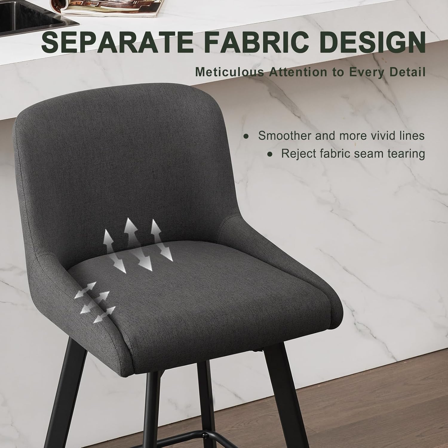 SAECKBERG Swivel Counter Height Bar Stools Set of 3, 29''H Upholstered Barstools with Backs, Modern Bar Stool Chairs for Kitchen Island, Metal Legs, Fabric, Black Grey Stools Counter Chair